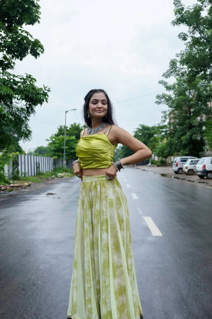Green Printed Sequence lehenga And Drapped Blouse