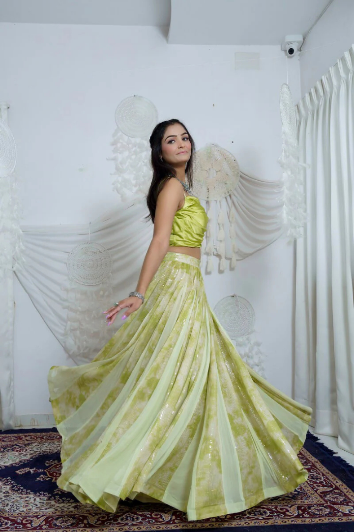 Green Printed Sequence lehenga And Drapped Blouse