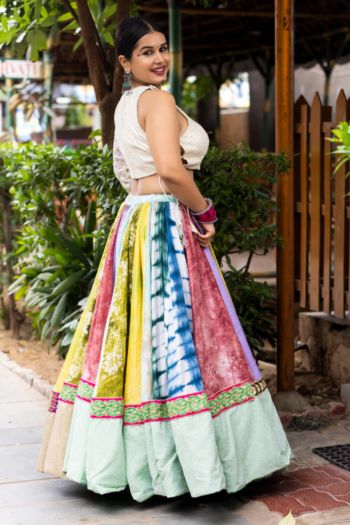 Multicolor Silk Lehenga with Golden Sequin Blouse and Dupatta