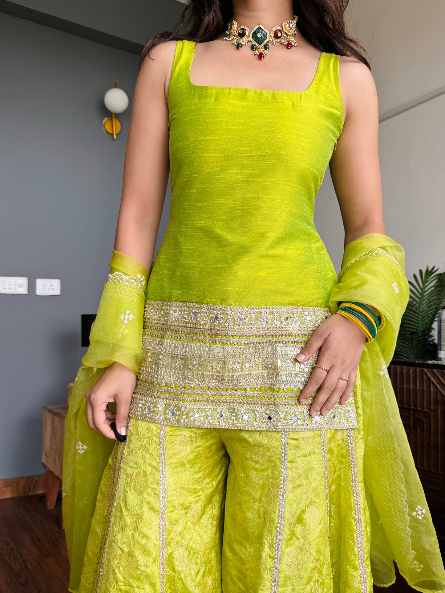 Tota Lime Green Kurta Sharara Set