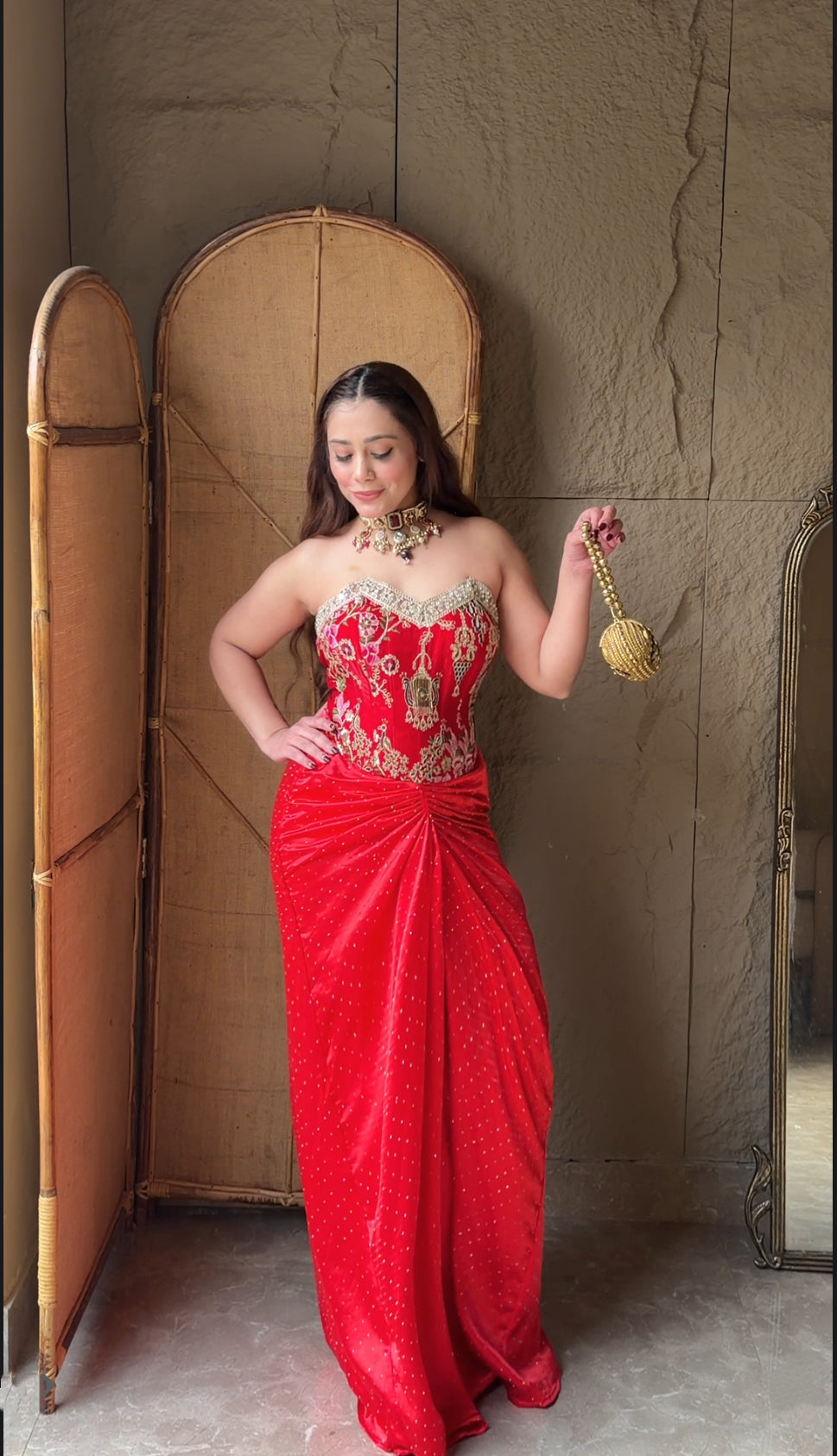 Ruhani Red Draped Skirt with Corset