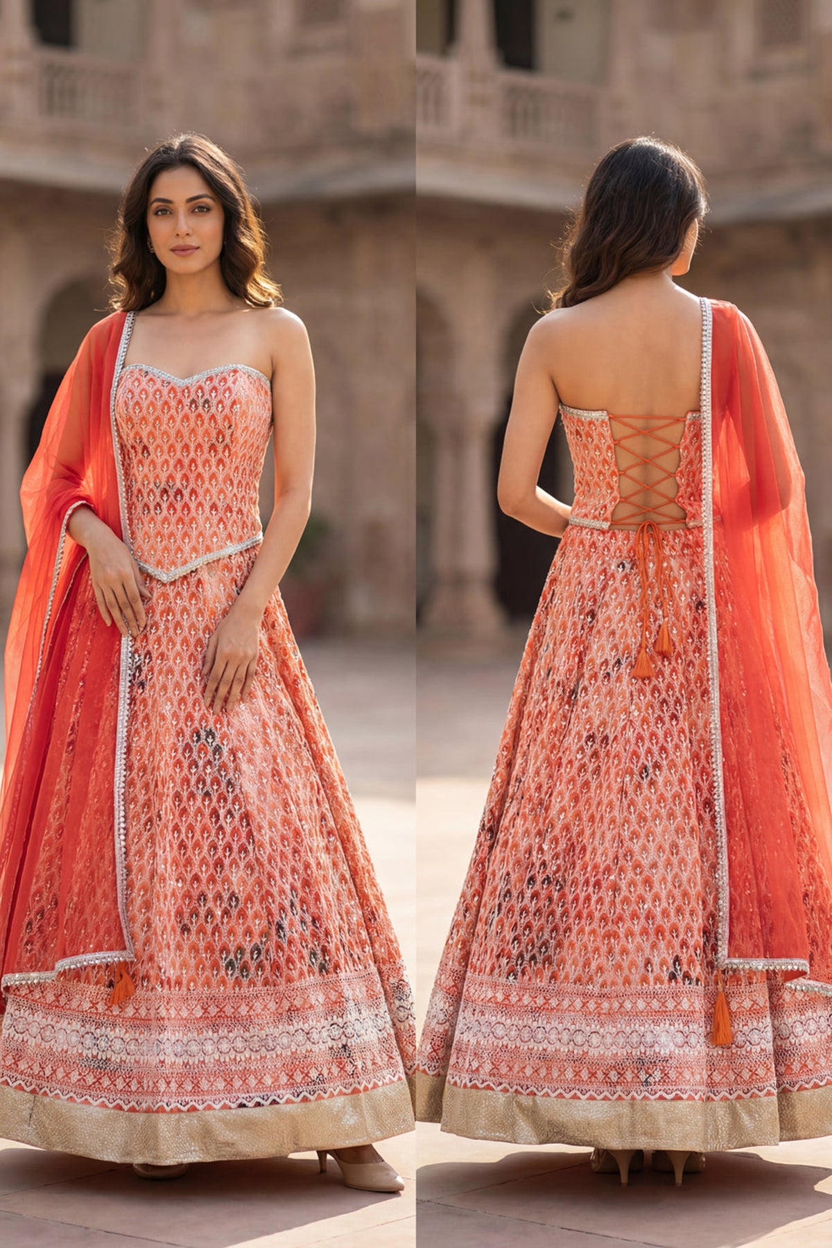 Noor-e-Ziya Rust Embroidered Lehenga Set