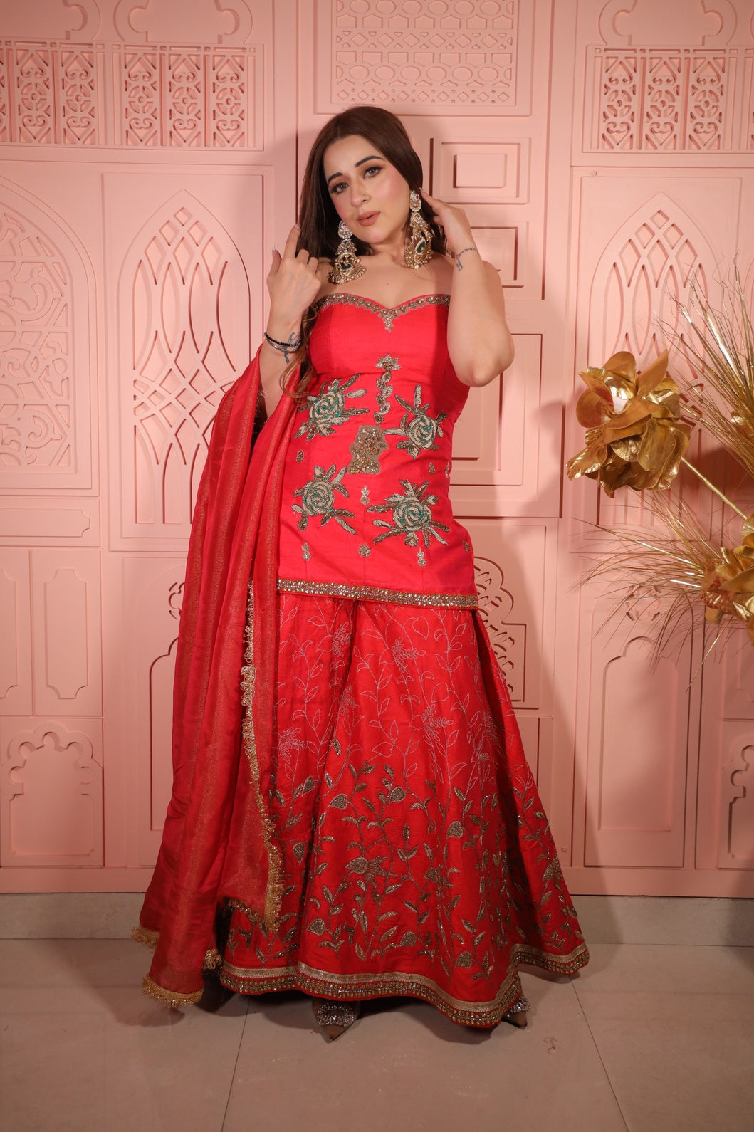 Lust Red kurta Plazzo Dupatta