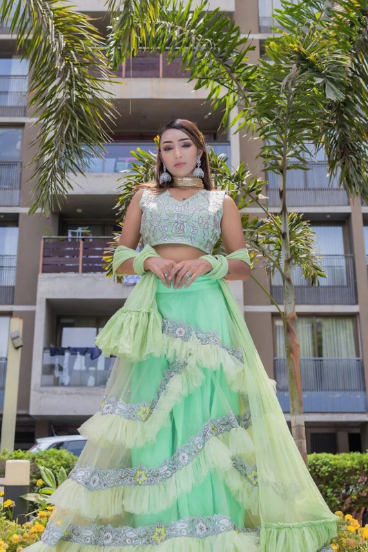 Green Ruffled Embroidered Lehenga
