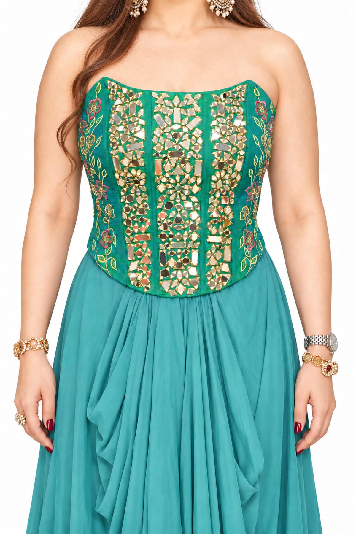 Morpankh Teal Corset Drape Skirt Set