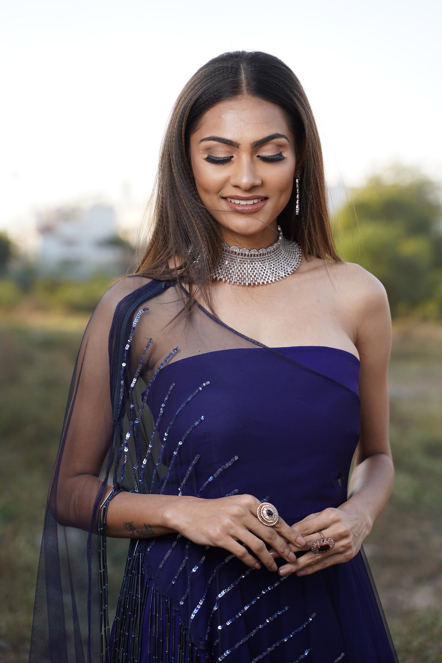 Blue Georgette Gown with Tassels Cape