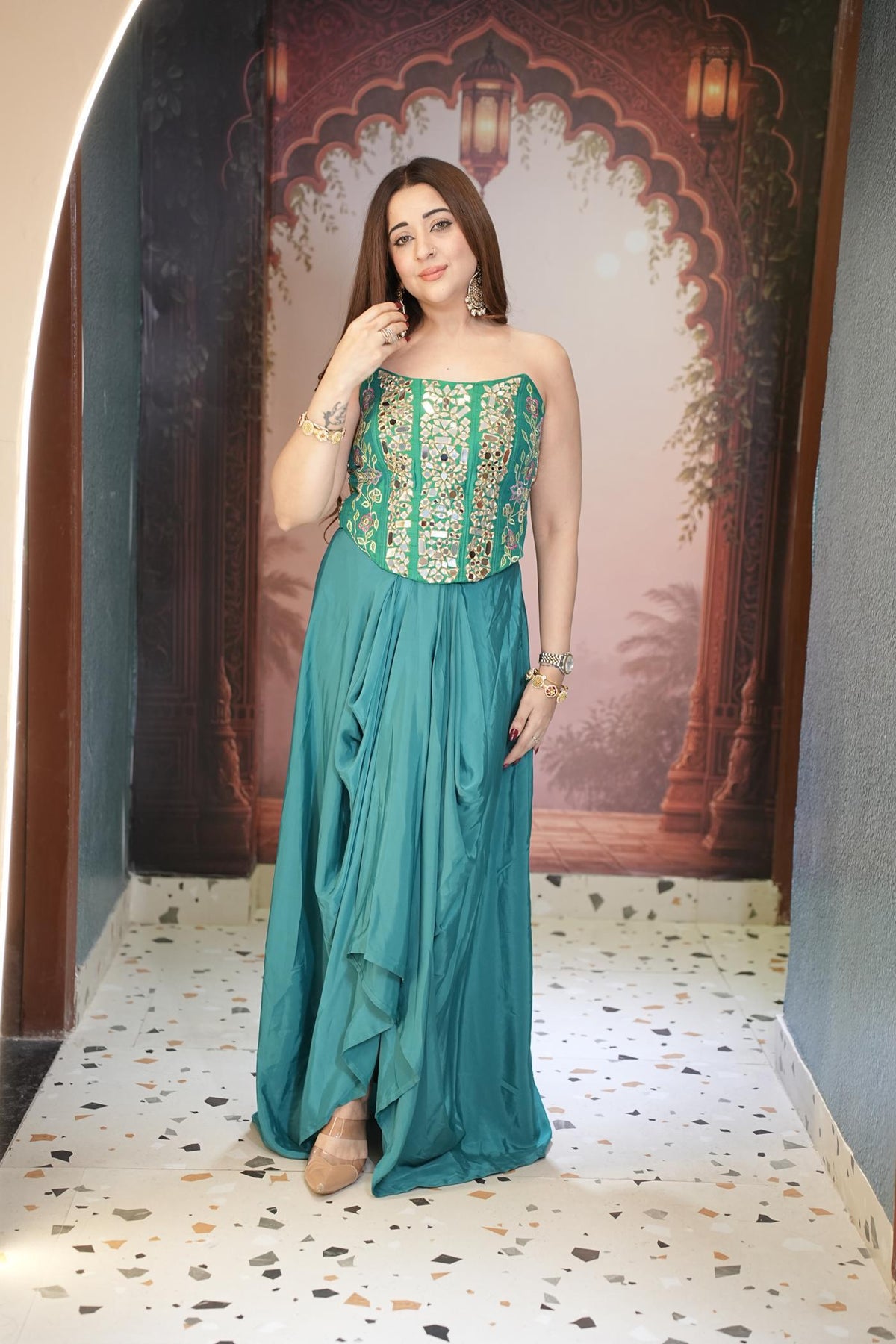 Morpankh Teal Corset Drape Skirt Set