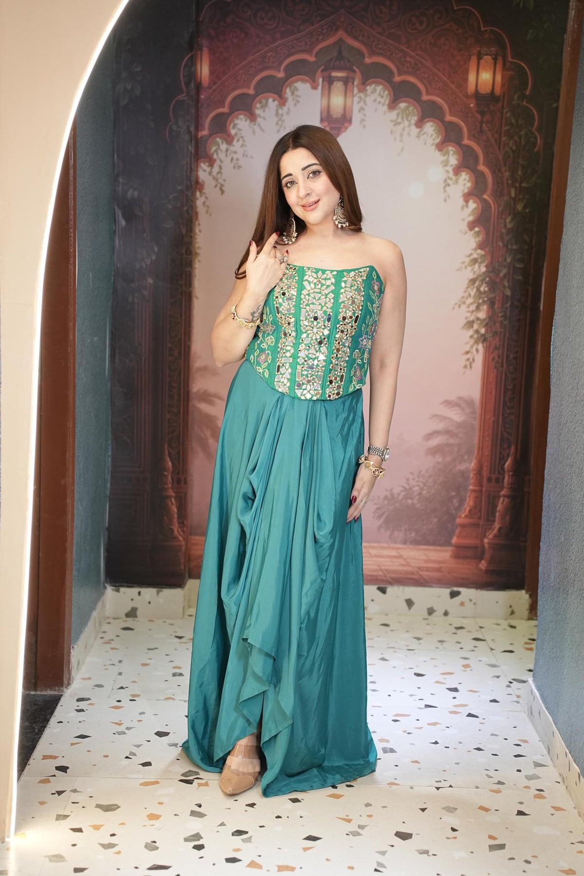 Morpankh Teal Corset Drape Skirt Set