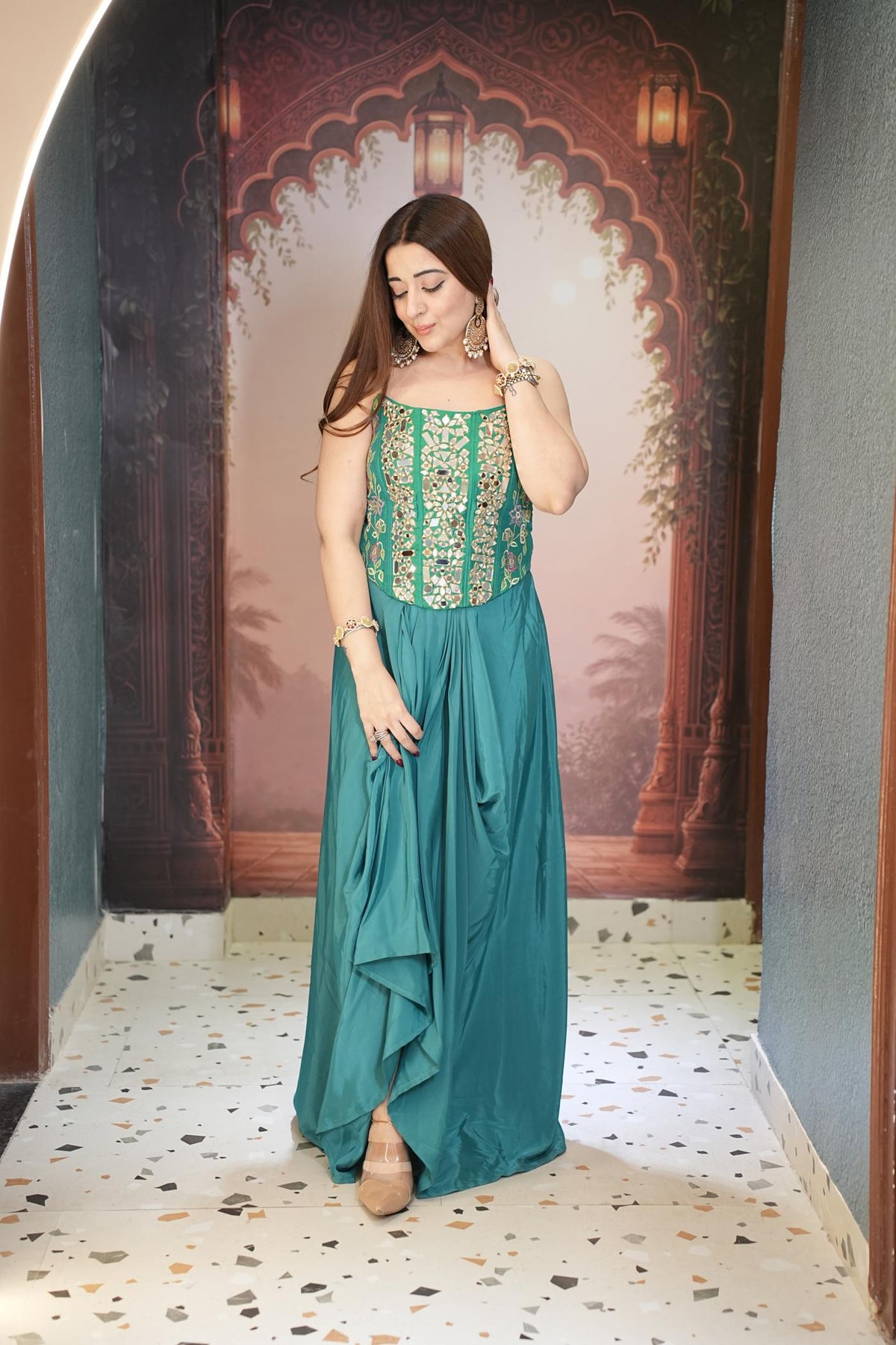 Morpankh Teal Corset Drape Skirt Set
