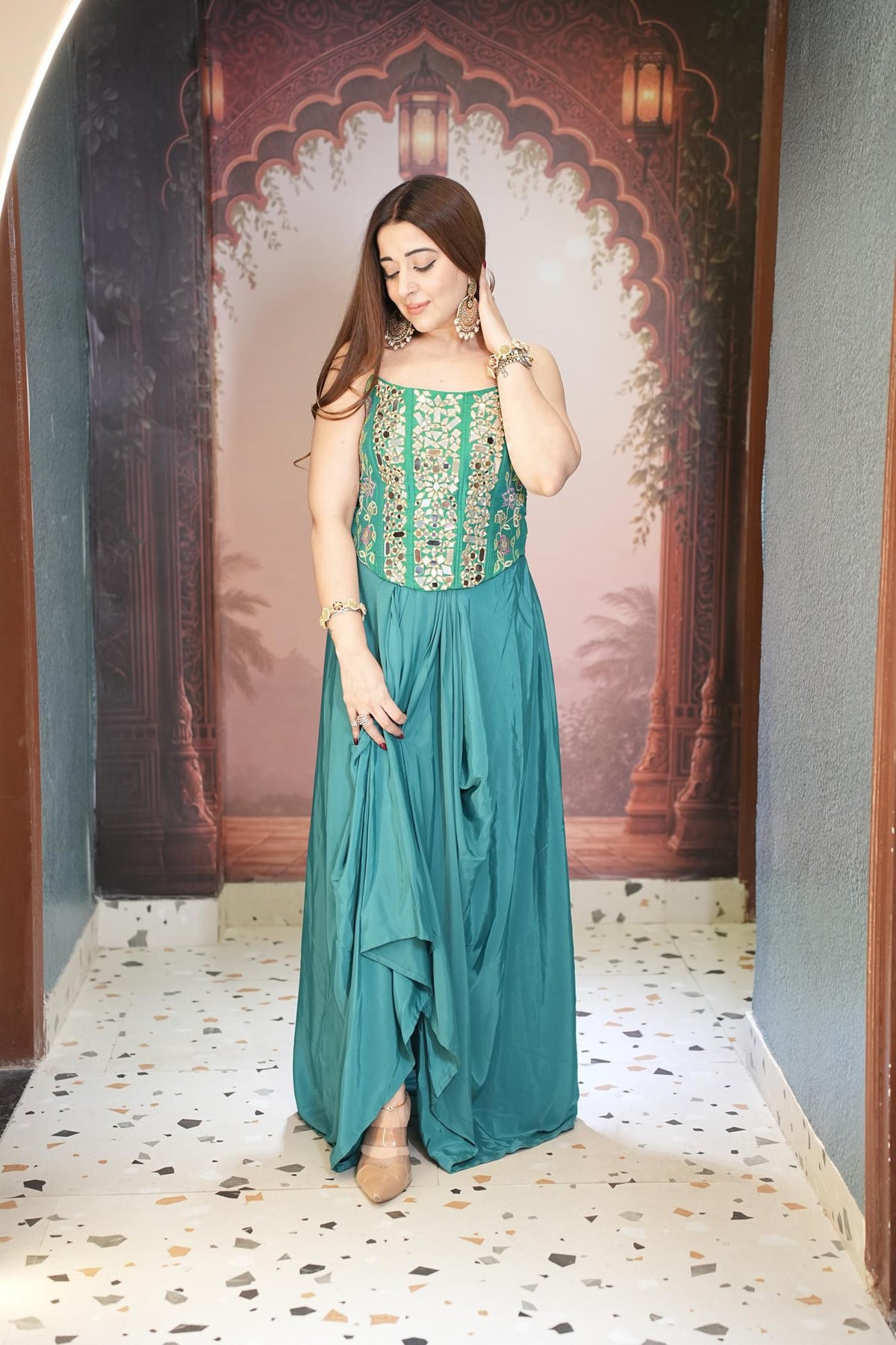 Morpankh Teal Corset Drape Skirt Set