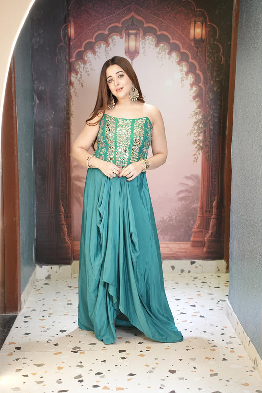 Morpankh Teal Corset Drape Skirt Set
