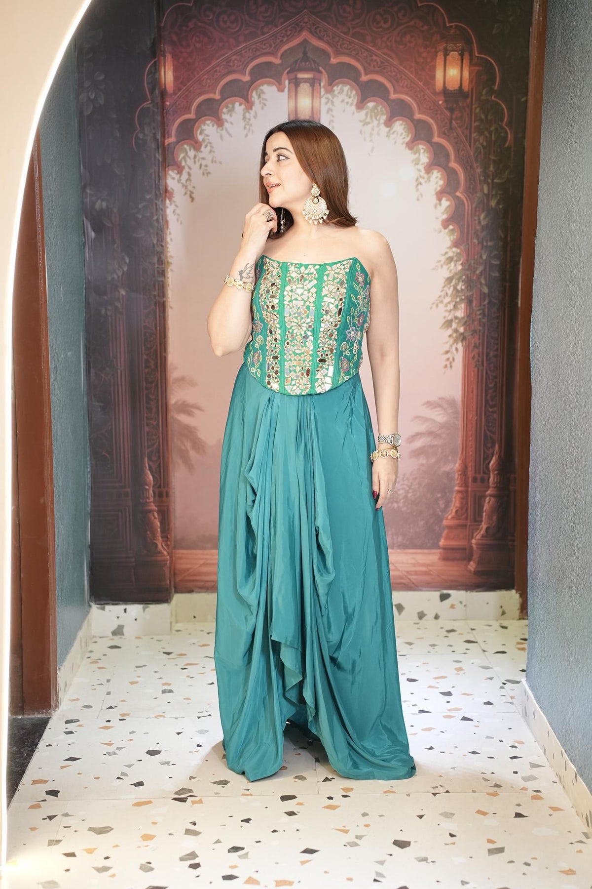 Morpankh Teal Corset Drape Skirt Set