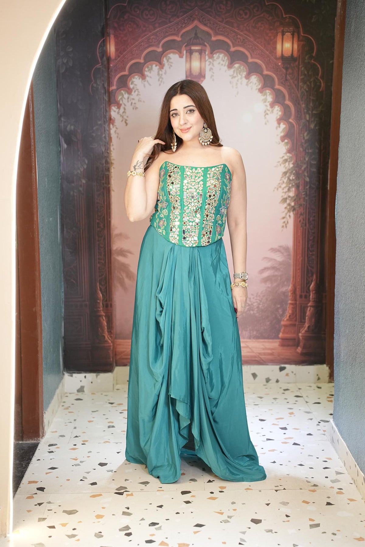 Morpankh Teal Corset Drape Skirt Set
