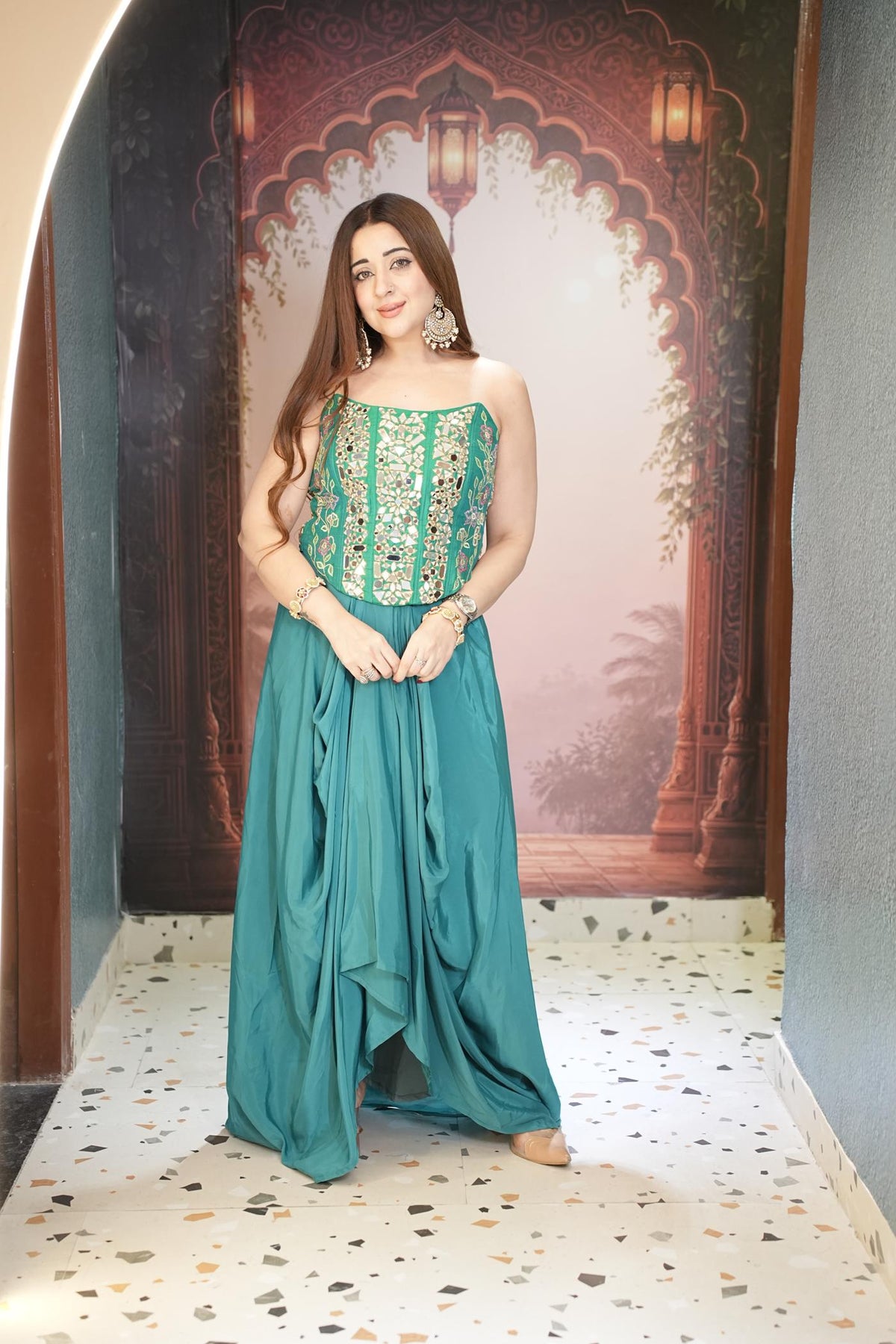 Morpankh Teal Corset Drape Skirt Set
