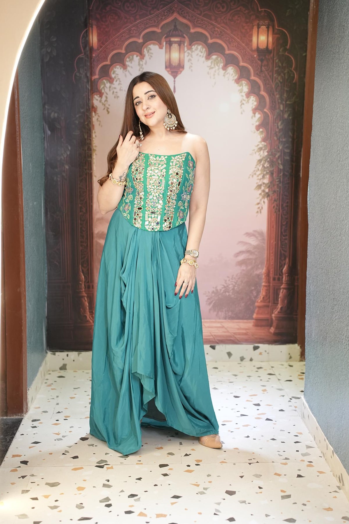 Morpankh Teal Corset Drape Skirt Set