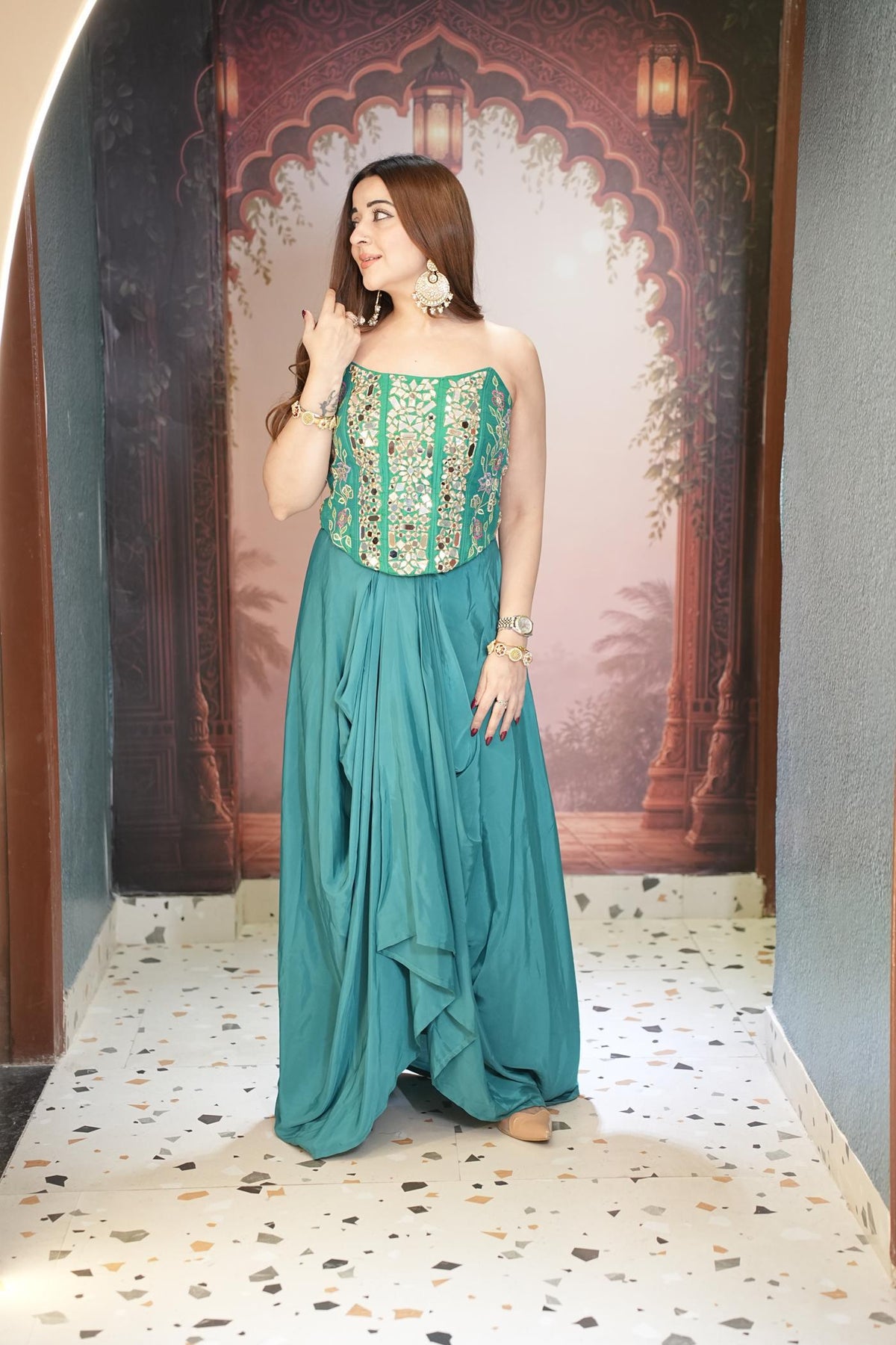 Morpankh Teal Corset Drape Skirt Set