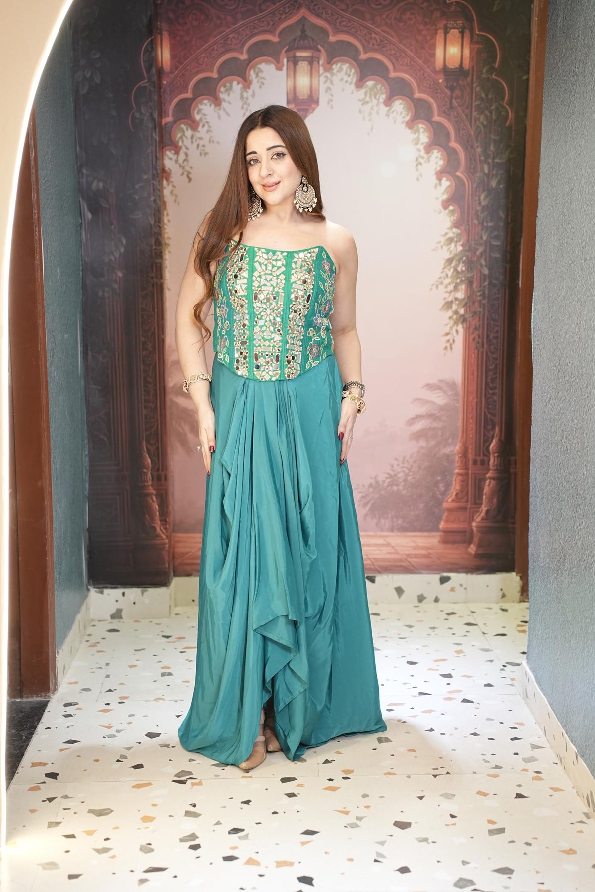 Morpankh Teal Corset Drape Skirt Set