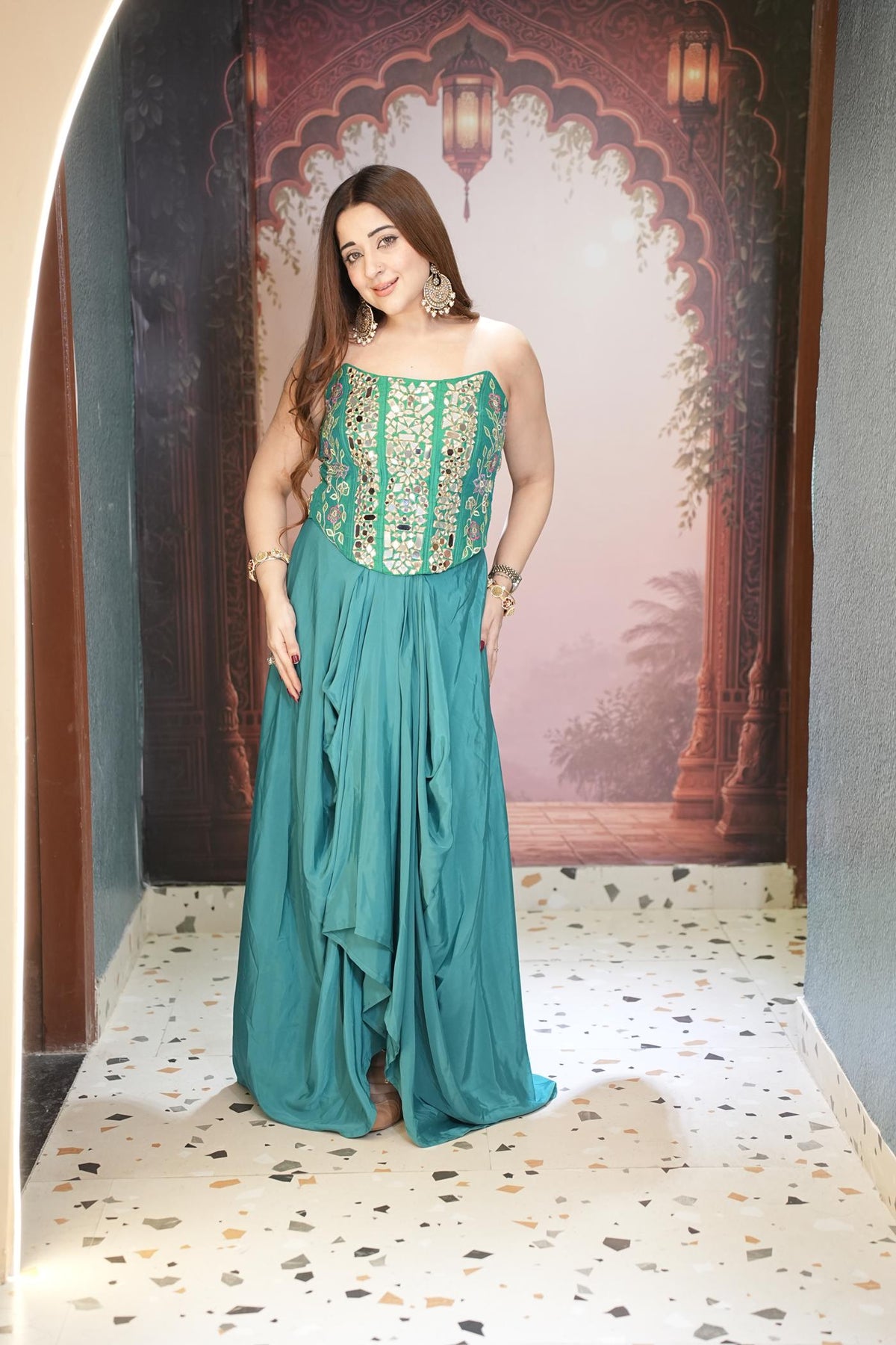 Morpankh Teal Corset Drape Skirt Set