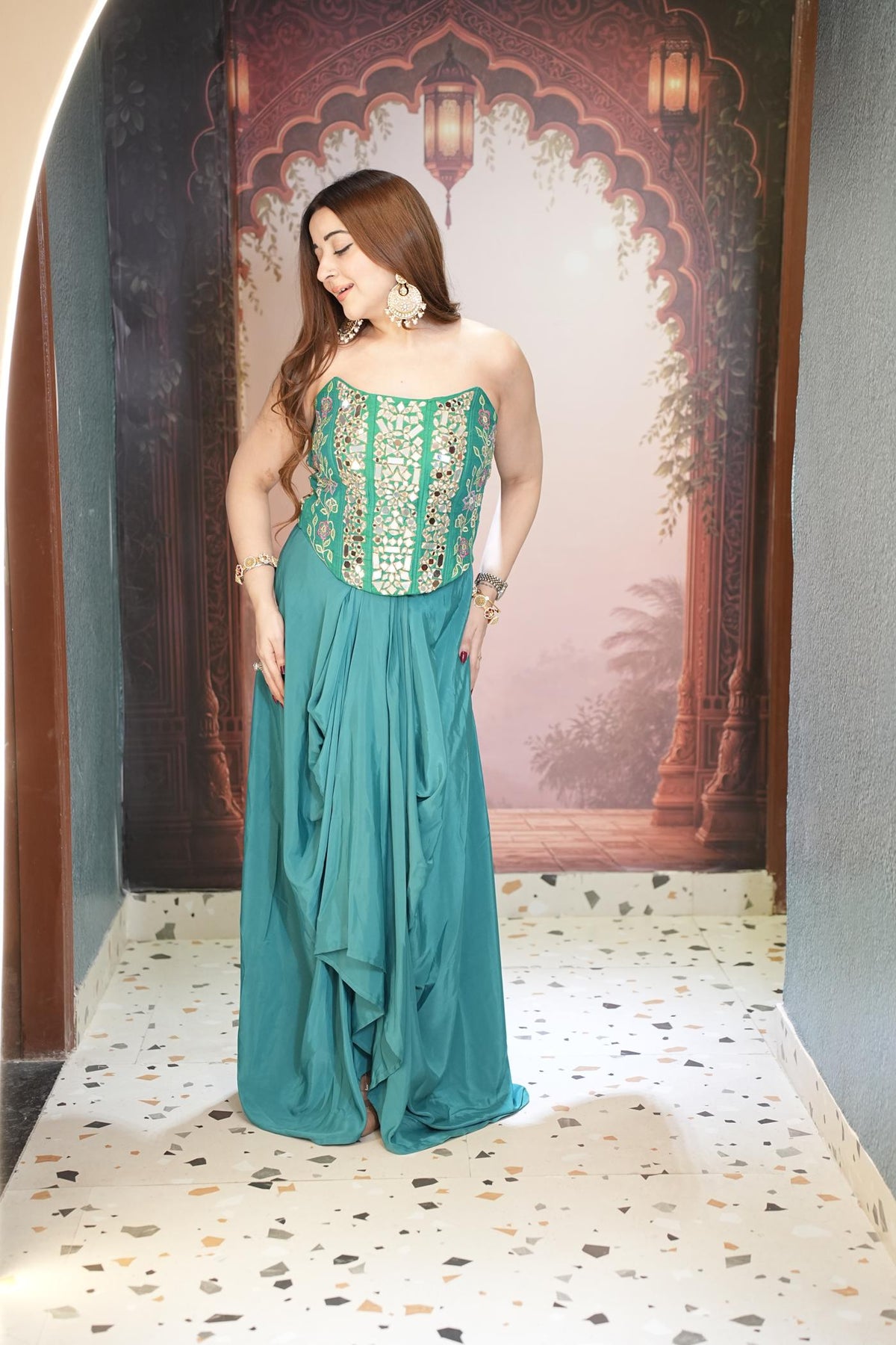 Morpankh Teal Corset Drape Skirt Set