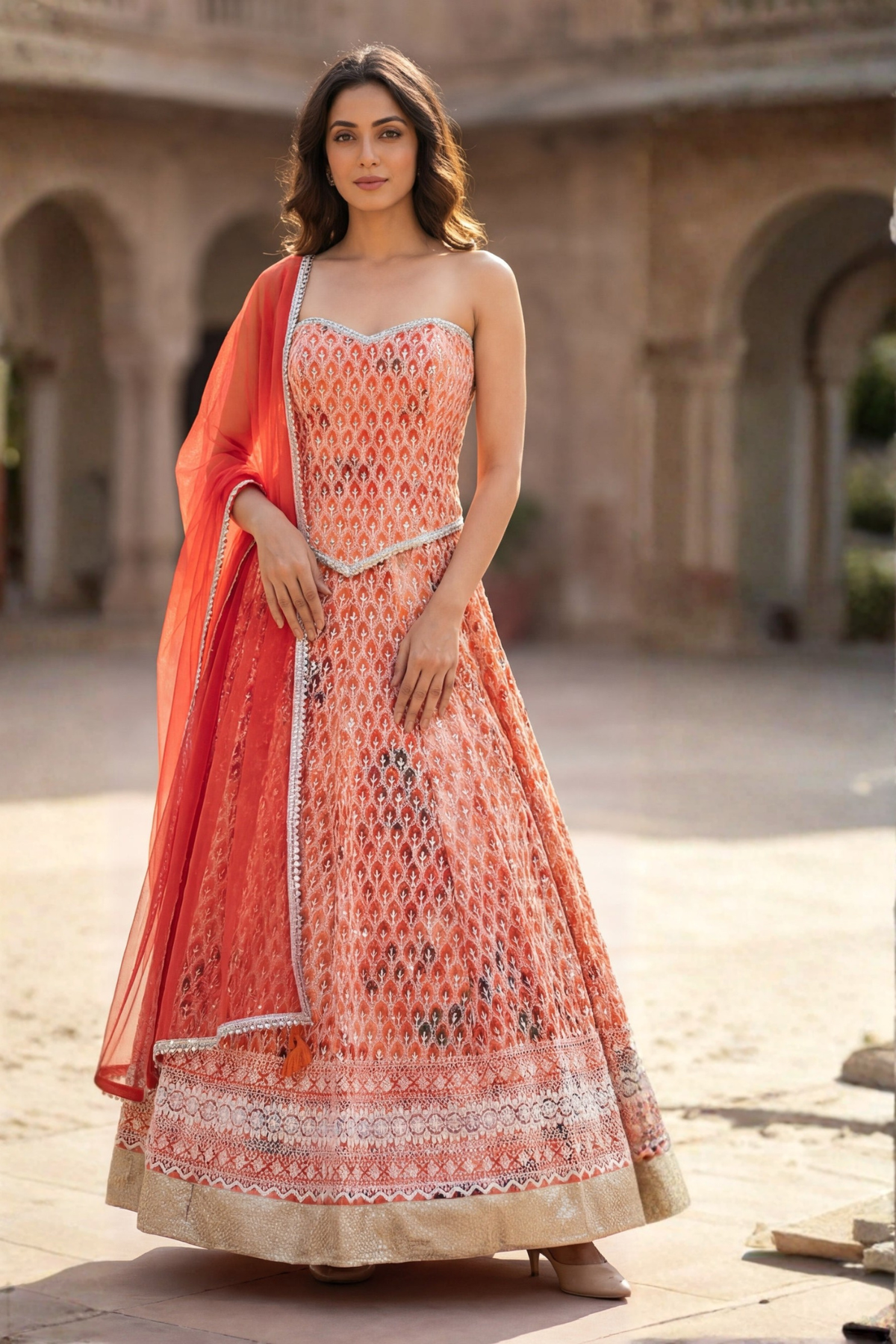 Noor-e-Ziya Rust Embroidered Lehenga Set