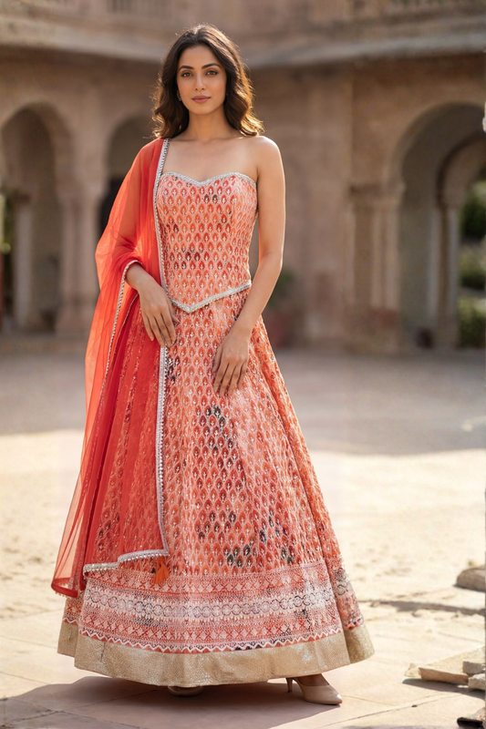 Noor-e-Ziya Rust Embroidered Lehenga Set
