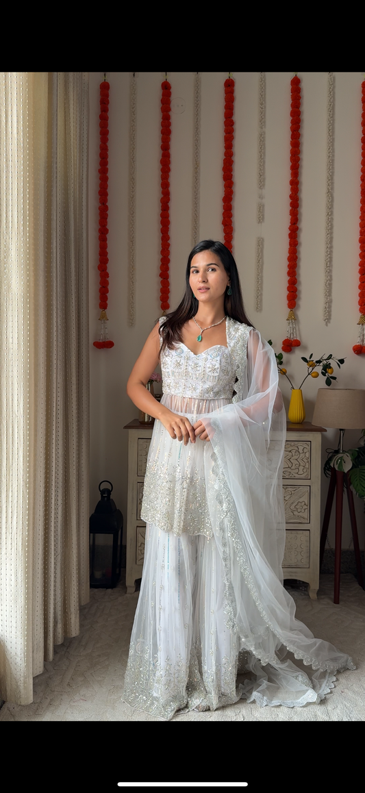 Moti White kurta Plazo with Dupatta