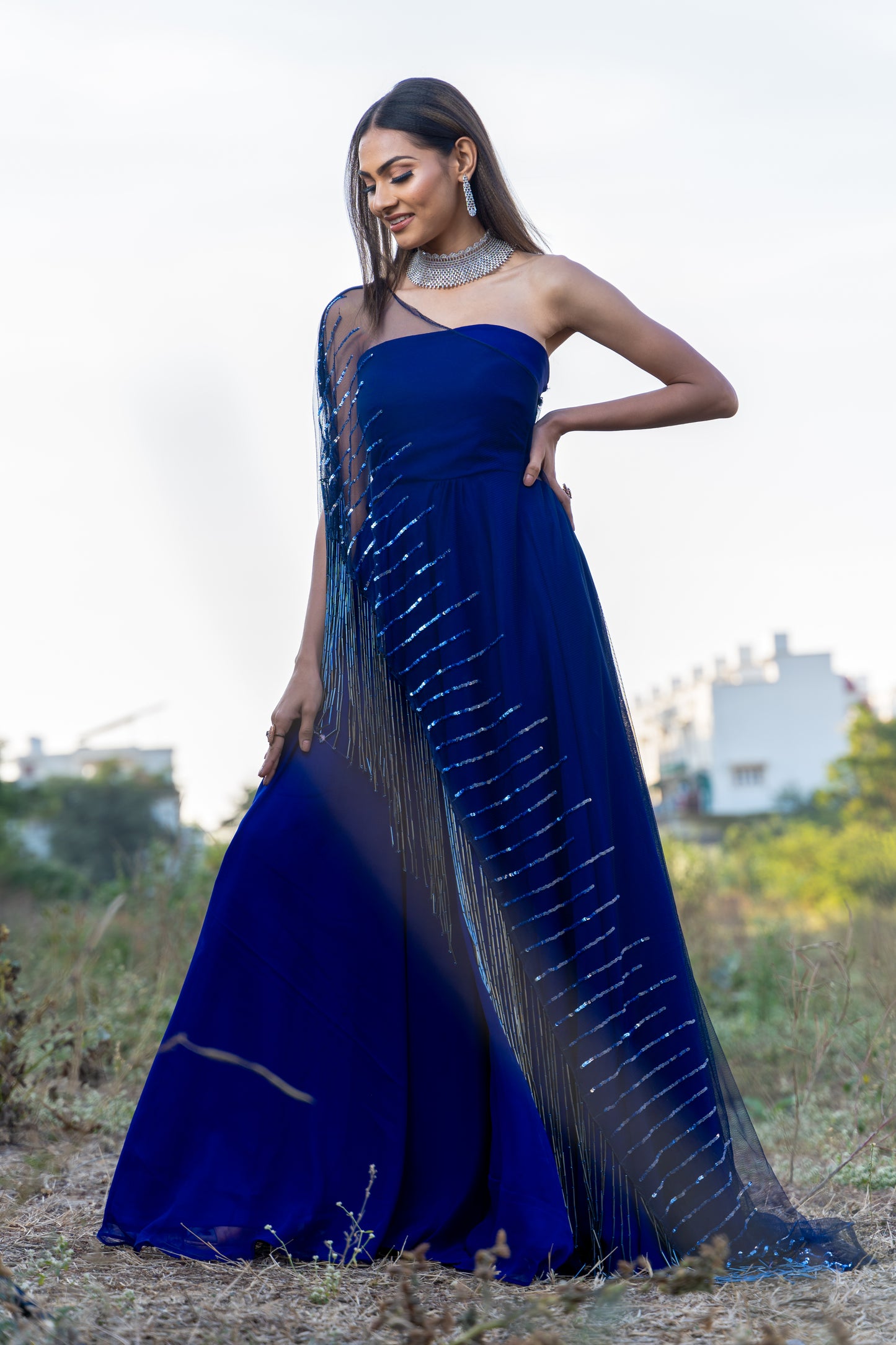 Blue Georgette Gown with Tassels Cape
