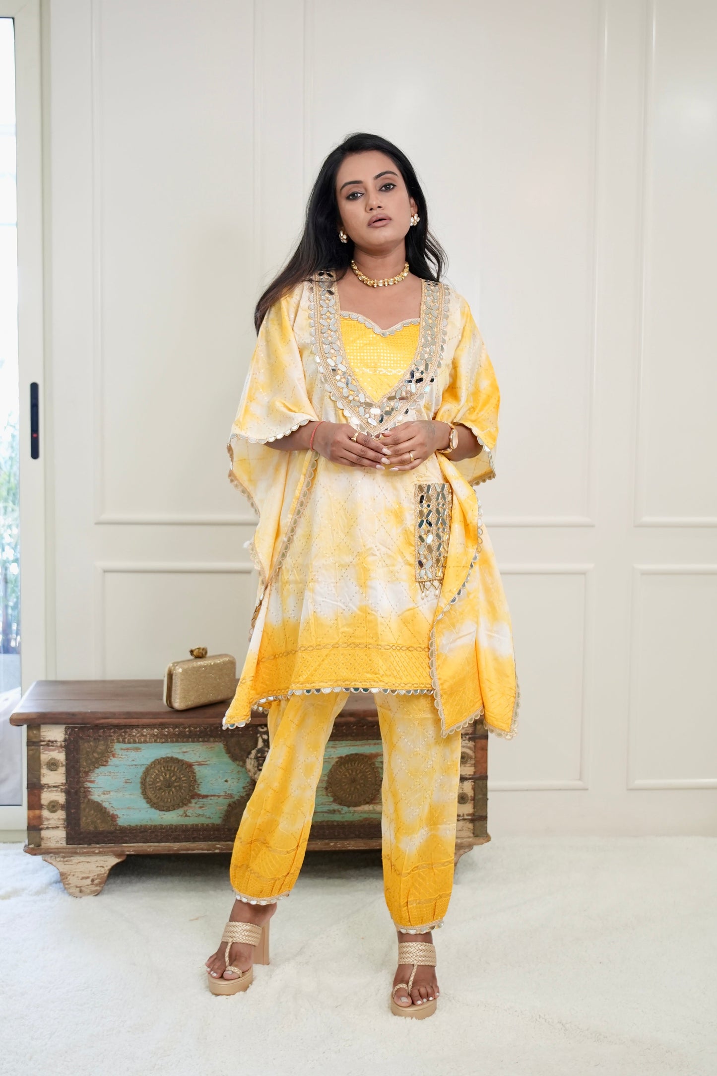 Yellow Batik Kaftan Kurta Set