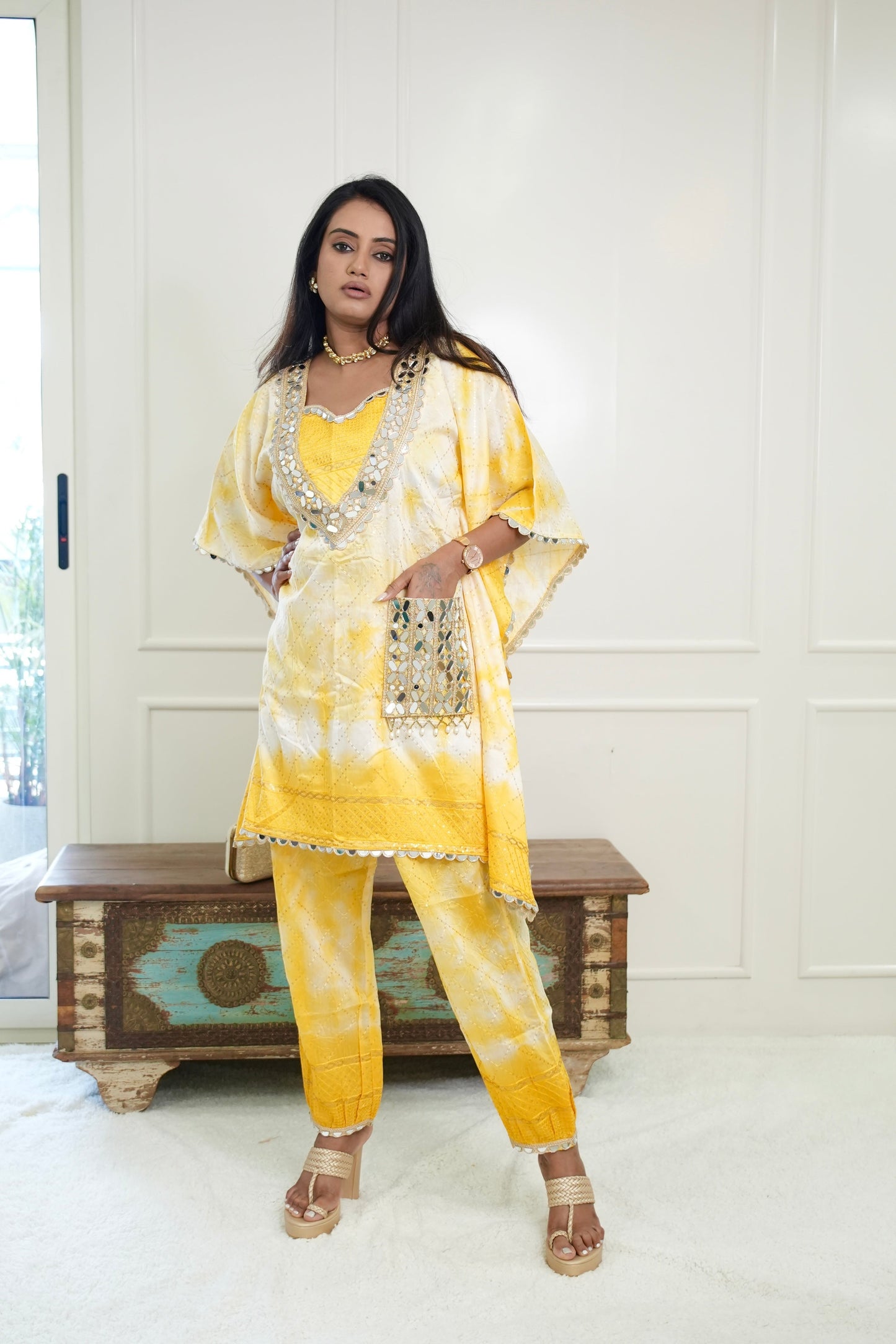 Yellow Batik Kaftan Kurta Set