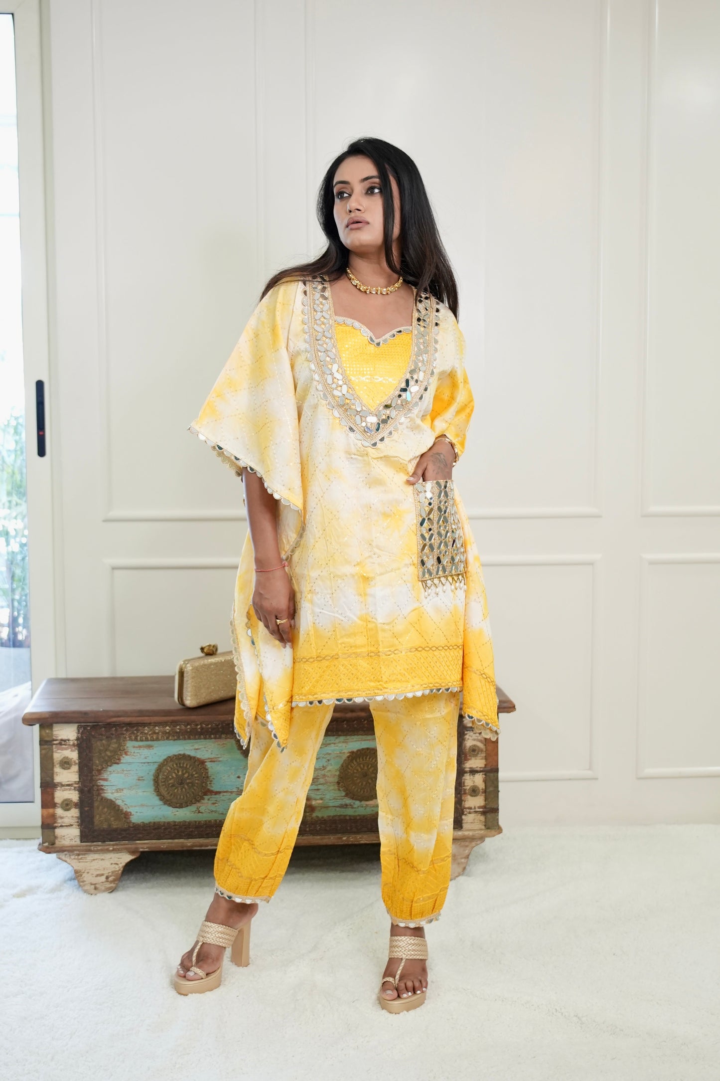 Yellow Batik Kaftan Kurta Set