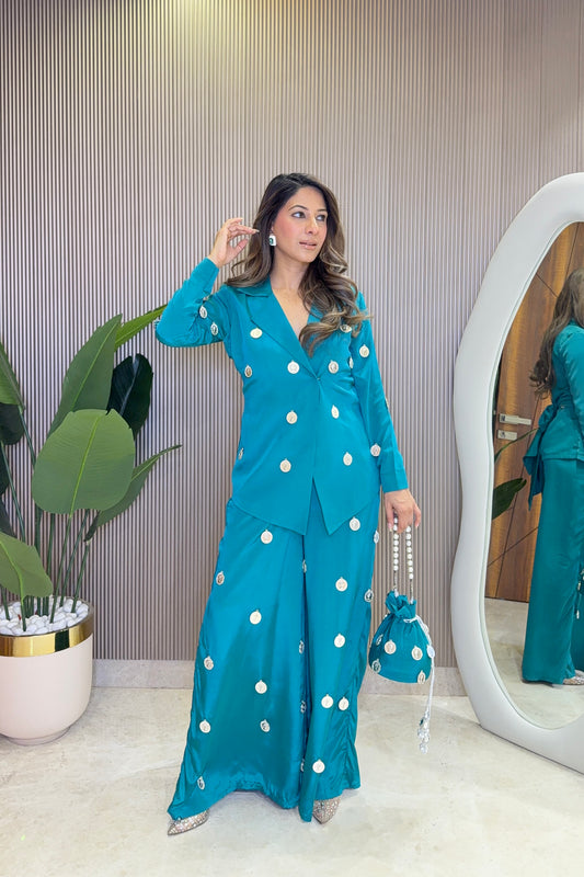 Ziva Teal Coin Mirror Wrap Co-ord Set