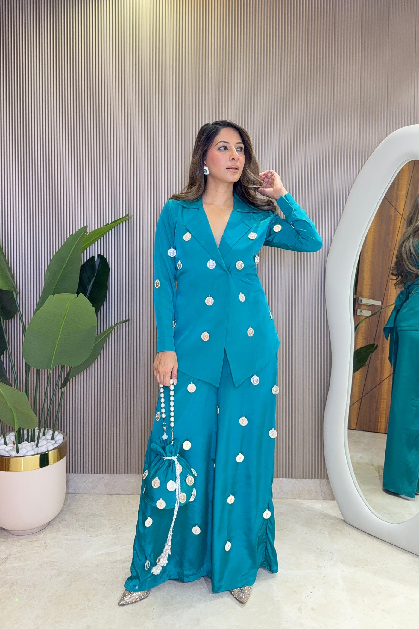 Ziva Teal Coin Mirror Wrap Co-ord Set