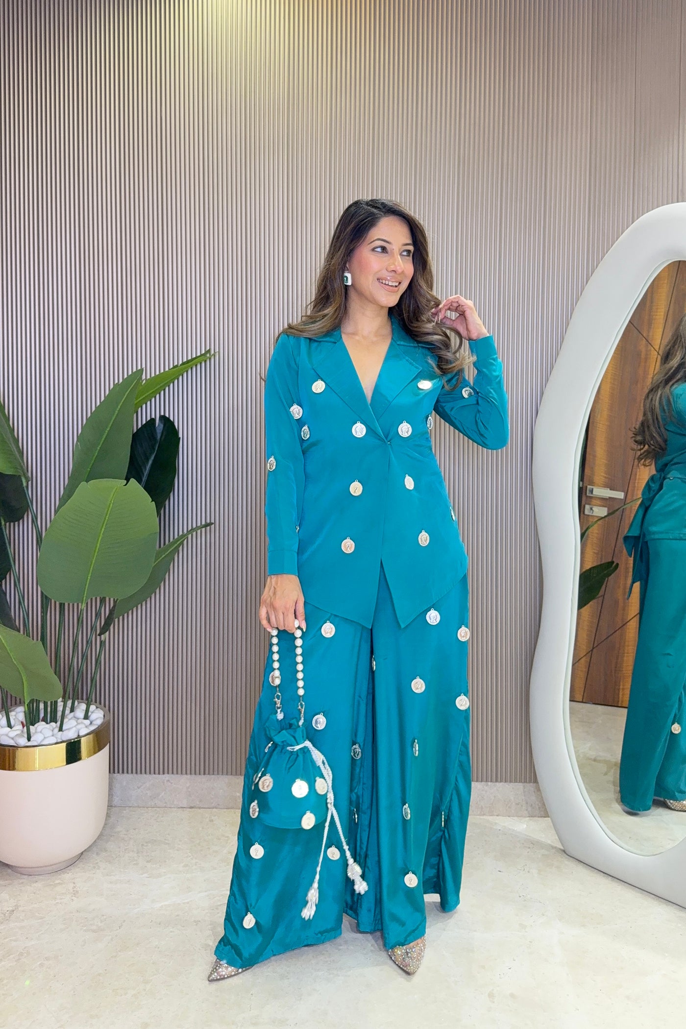 Ziva Teal Coin Mirror Wrap Co-ord Set