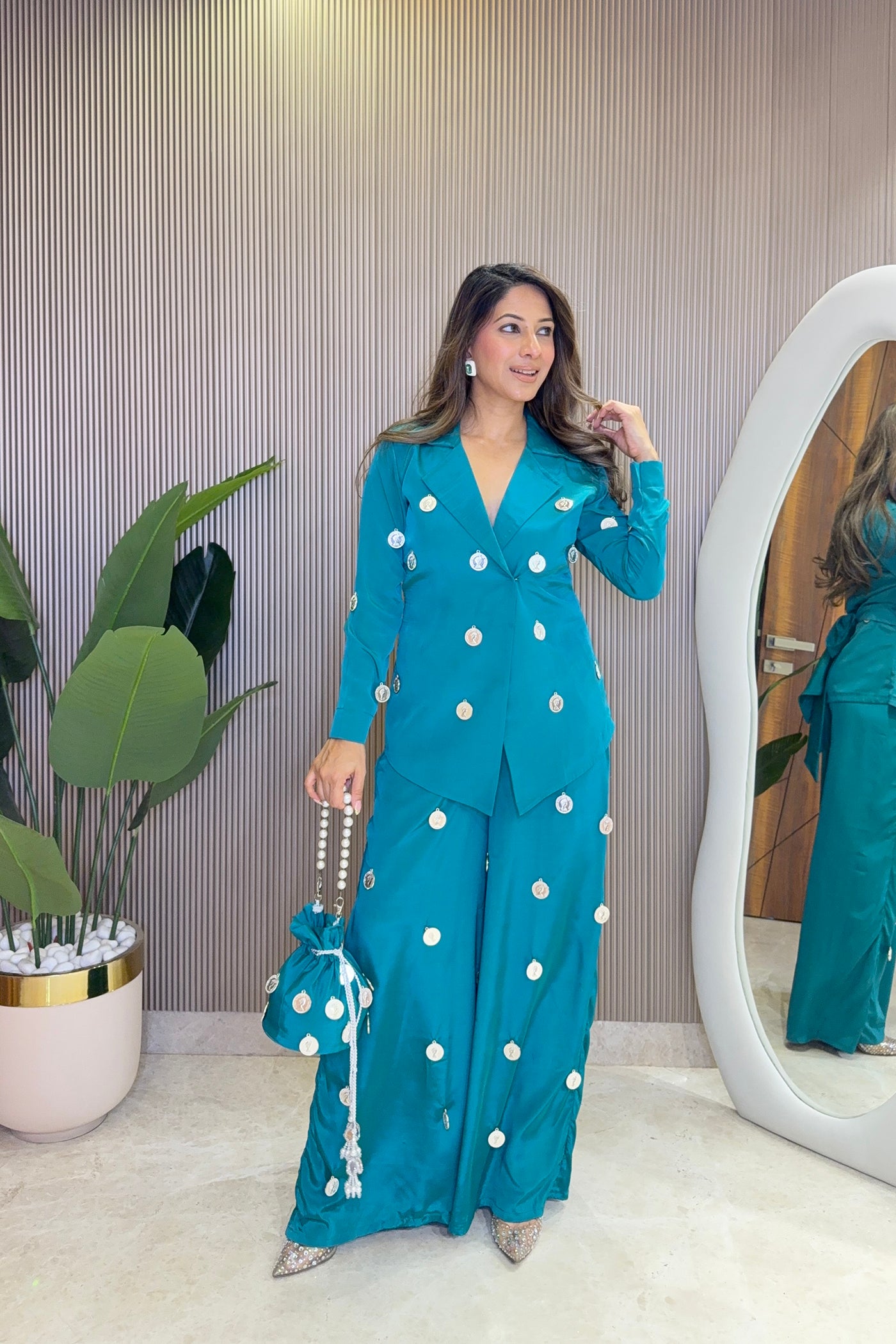 Ziva Teal Coin Mirror Wrap Co-ord Set