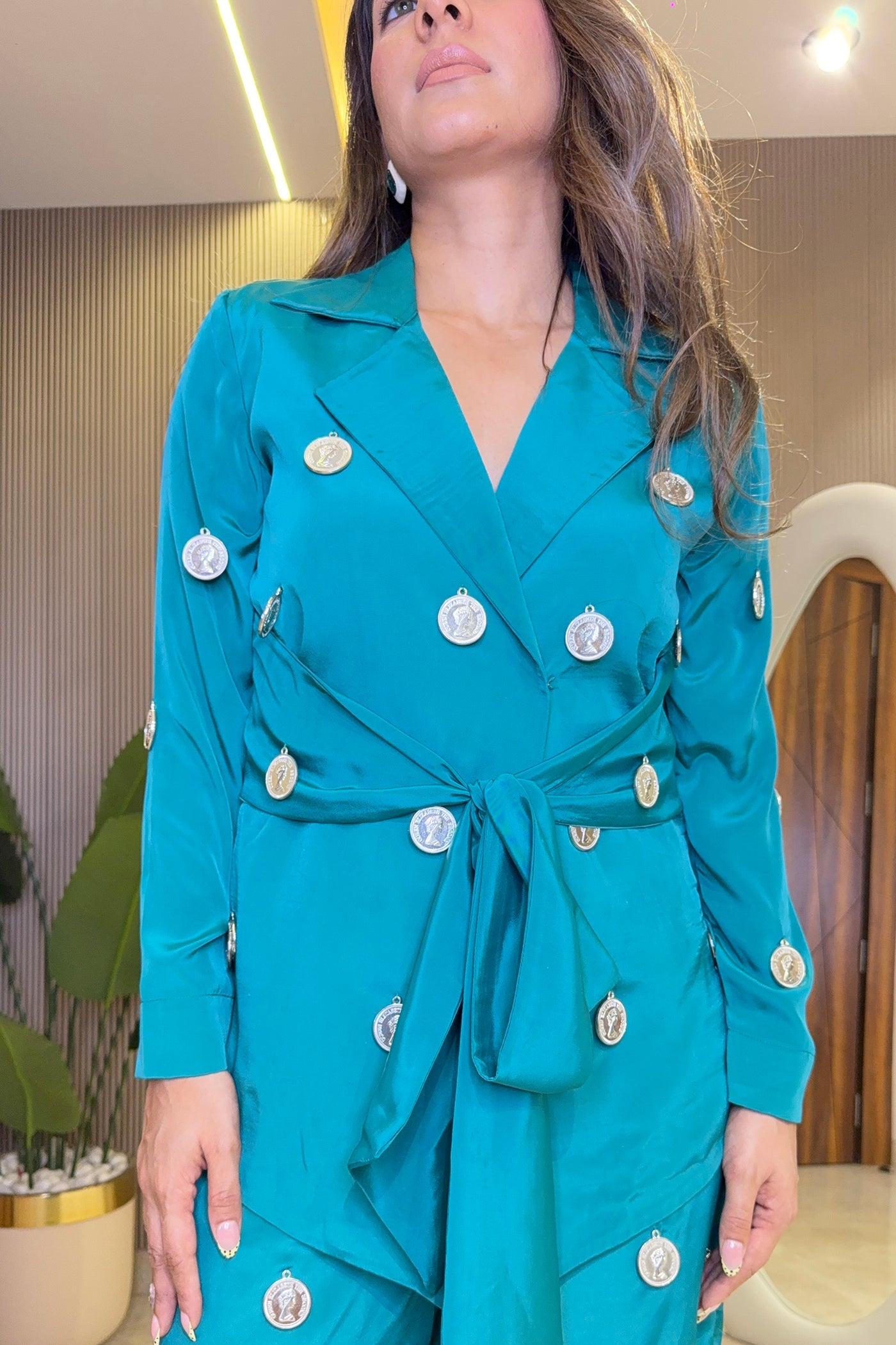Ziva Teal Coin Mirror Wrap Co-ord Set