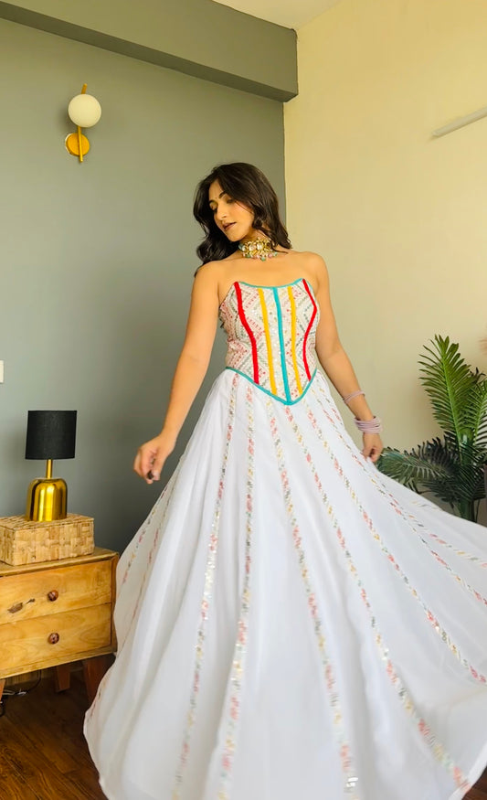 White Multi Embroidery Corset with Skirt