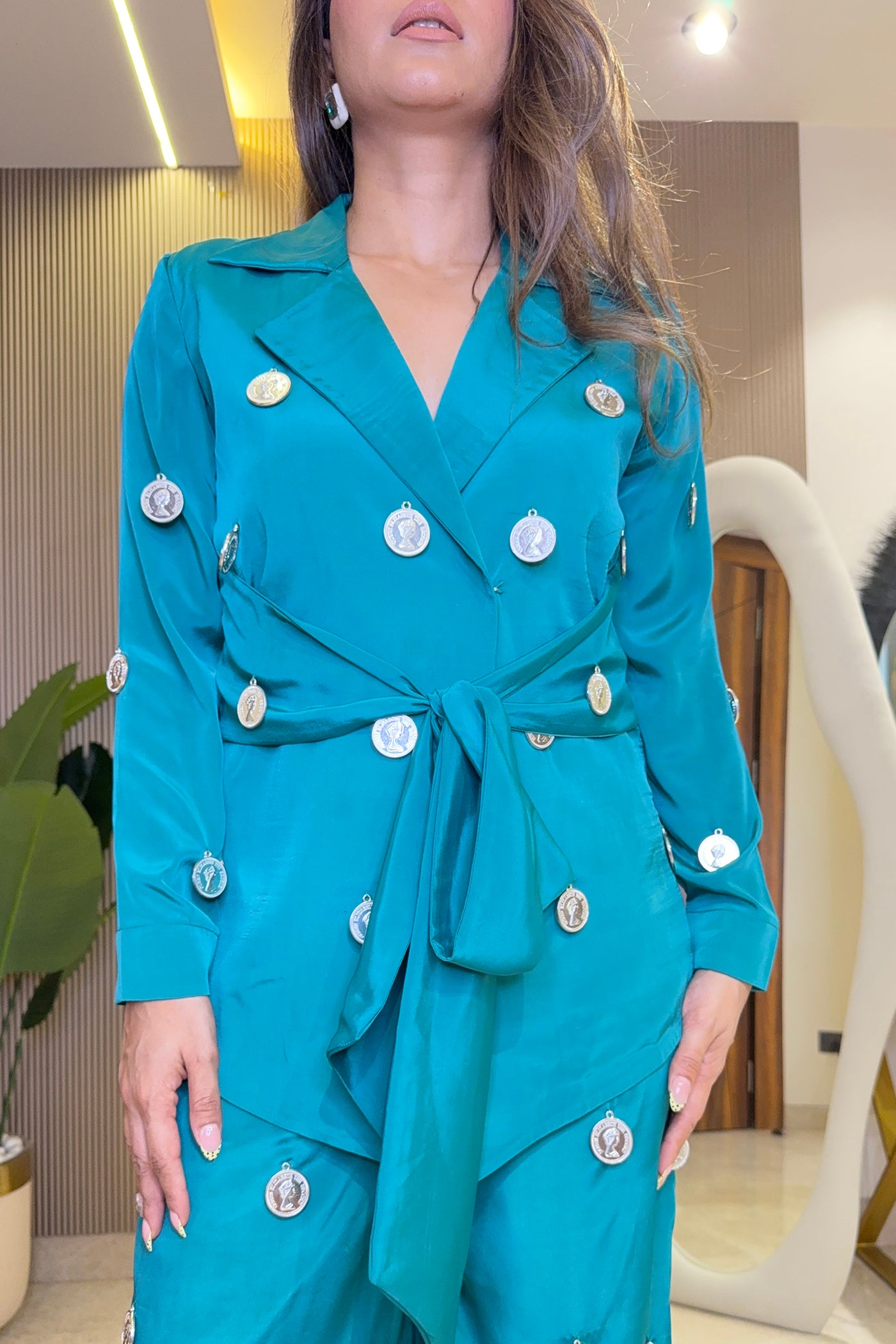 Ziva Teal Coin Mirror Wrap Co-ord Set