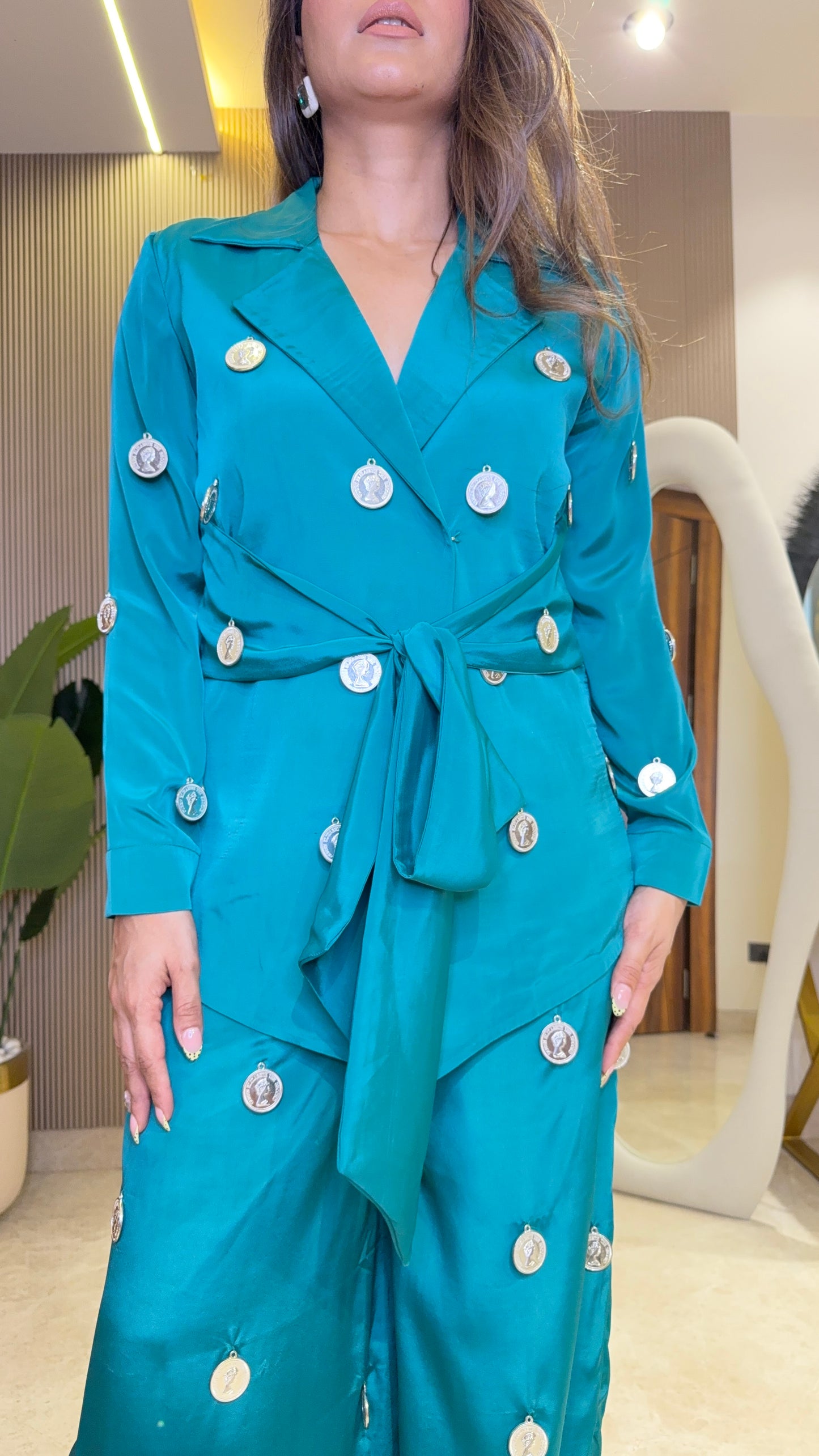 Ziva Teal Coin Mirror Wrap Co-ord Set