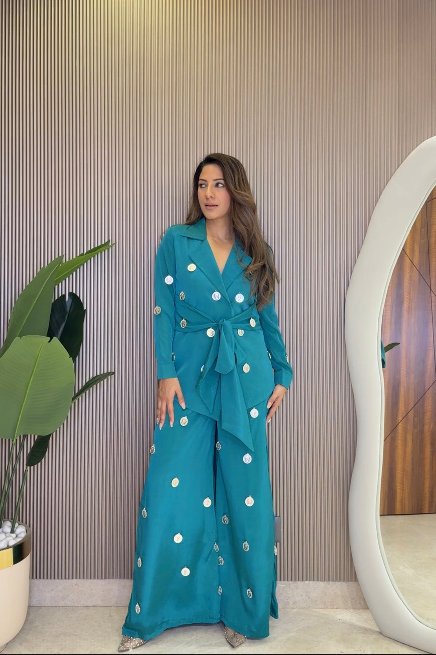 Ziva Teal Coin Mirror Wrap Co-ord Set