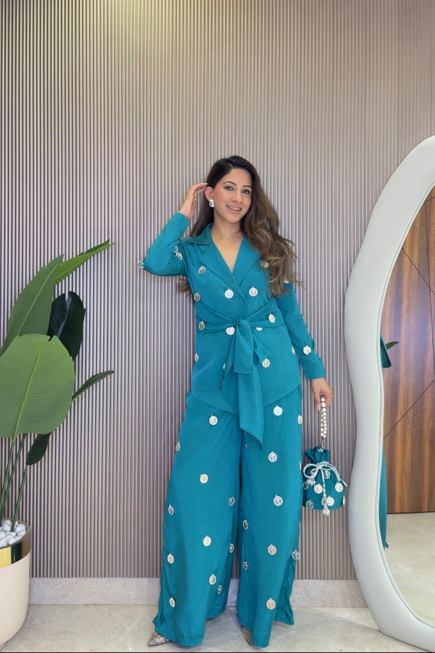 Ziva Teal Coin Mirror Wrap Co-ord Set
