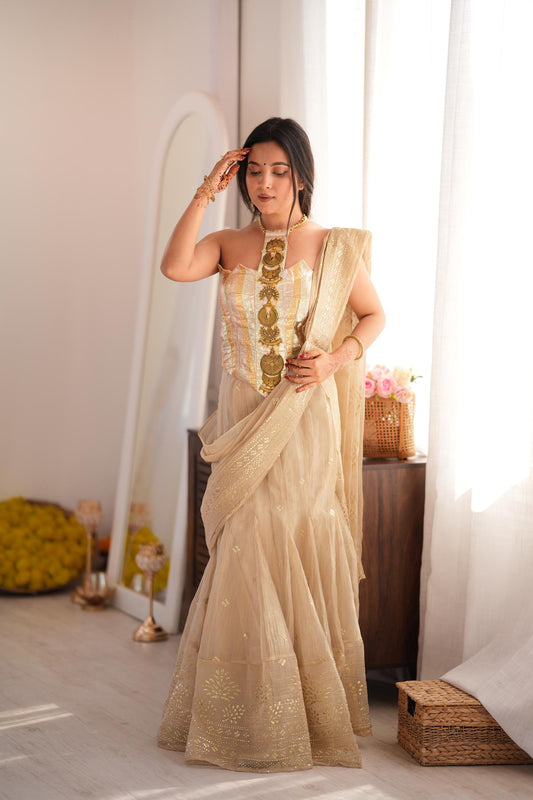 Champagne Grace Golden Foil Fish-Cut Skirt Set