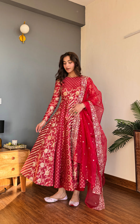 Rangrej Red Noor Anarkali Set