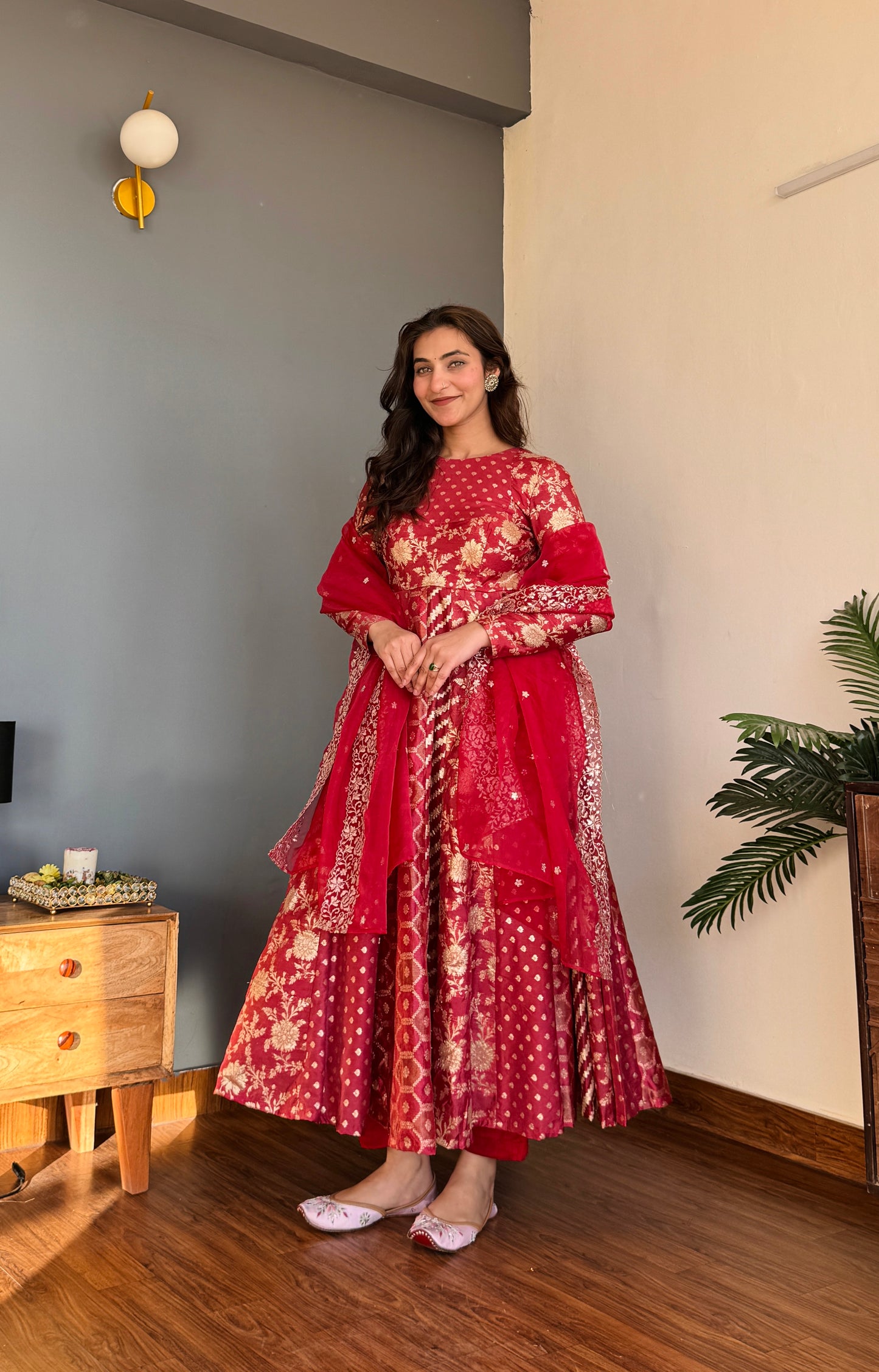 Rangrej Red Noor Anarkali Set