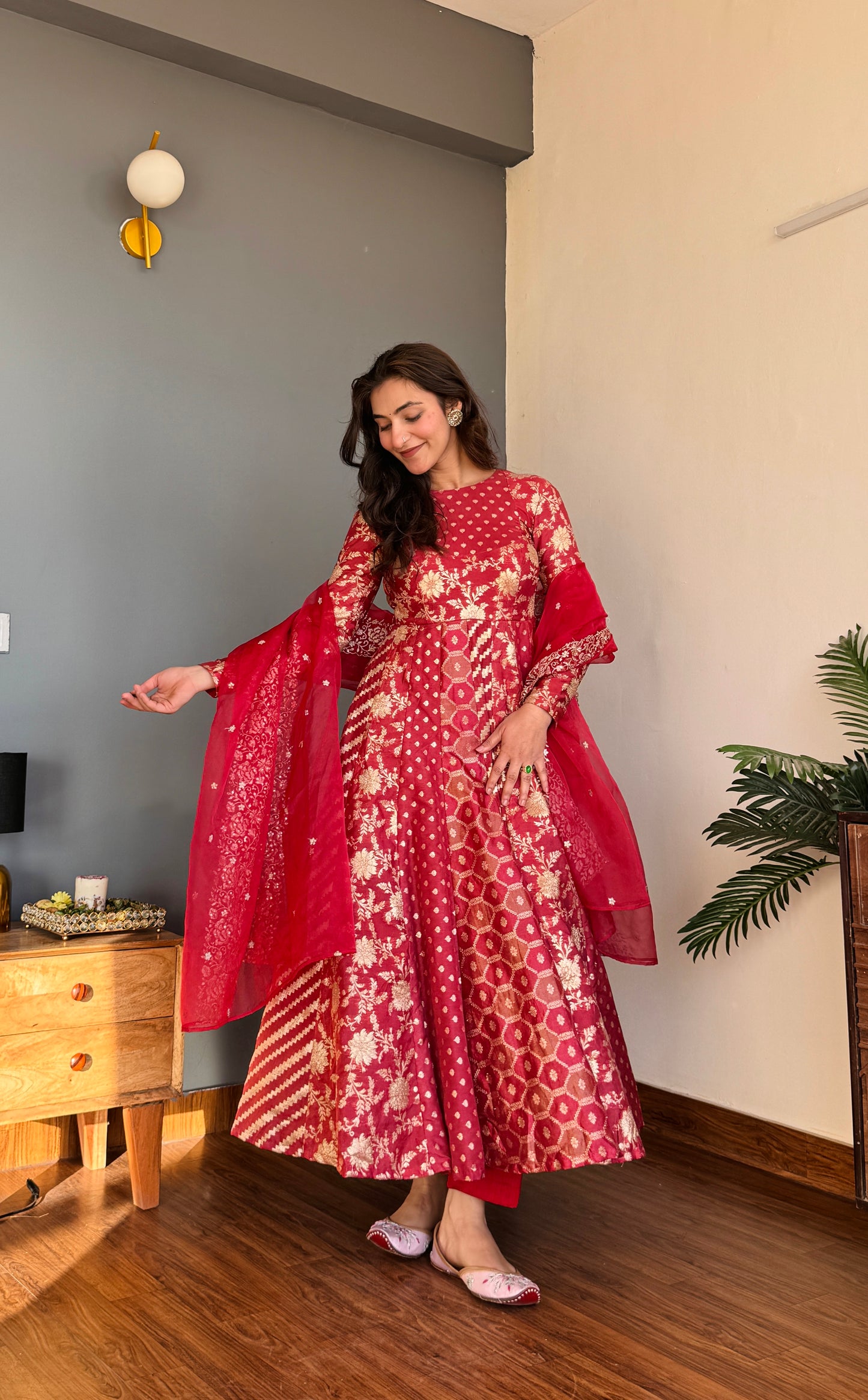Rangrej Red Noor Anarkali Set