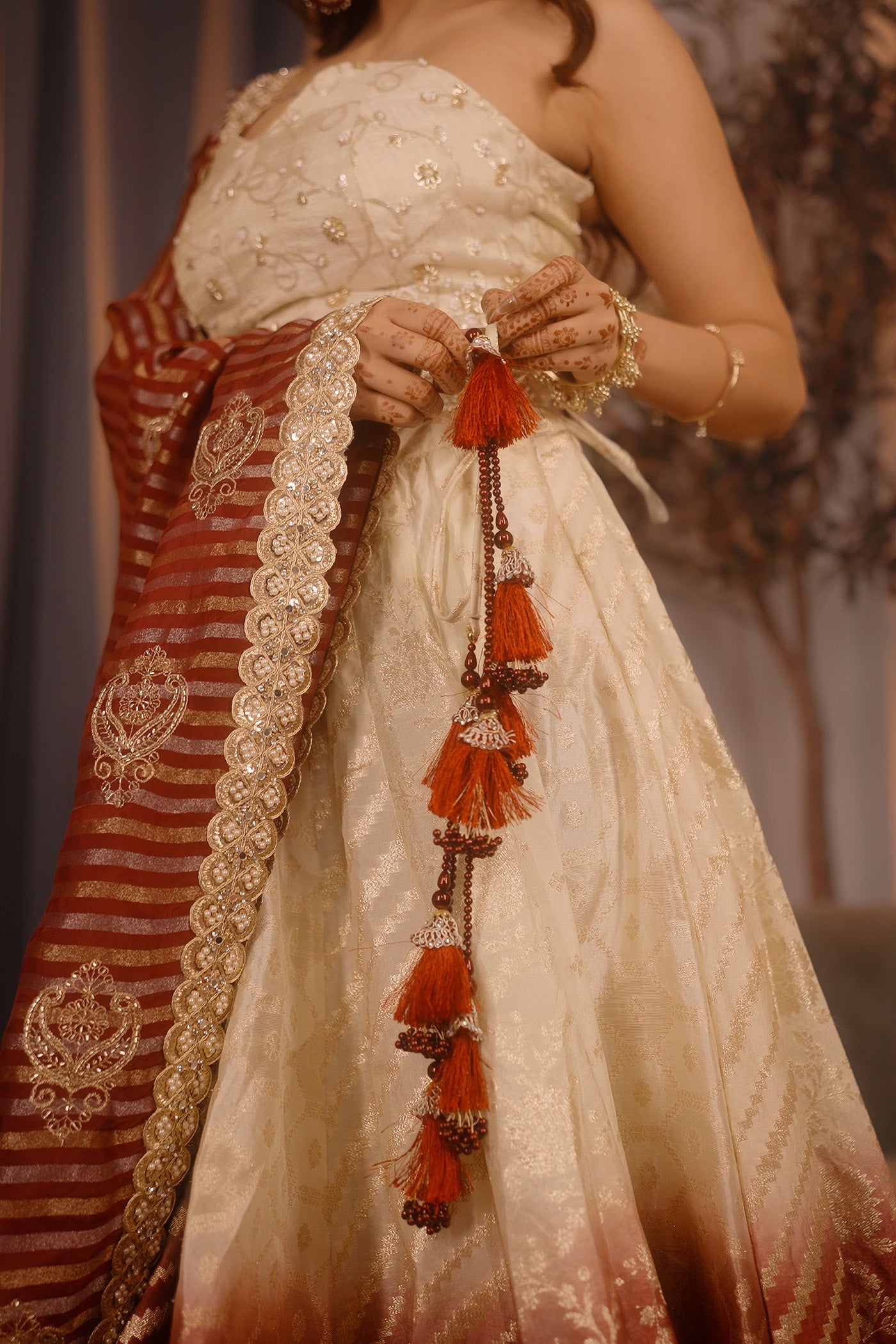 Ivory Maroon Ombre Zari Lehenga Set