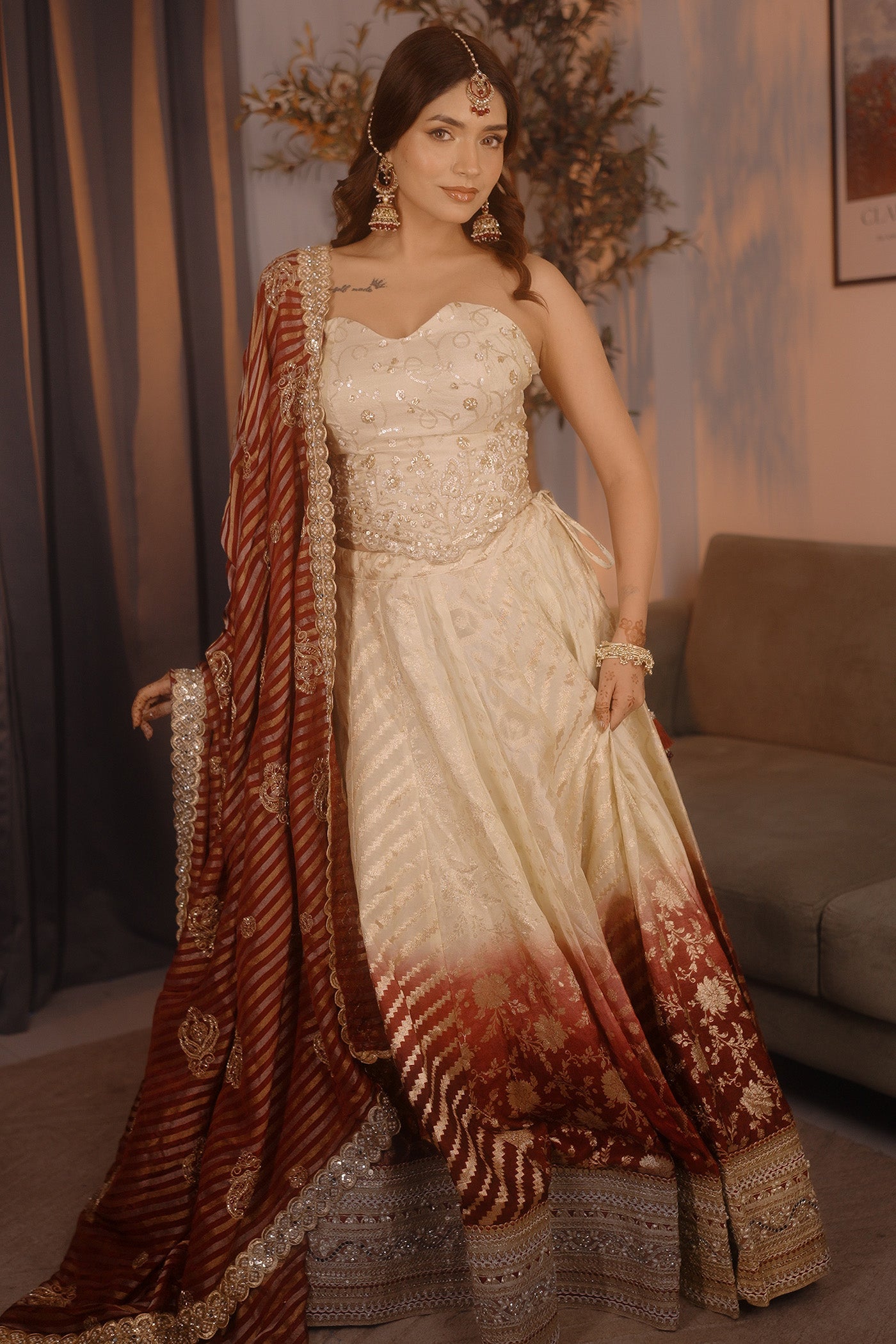 Ivory Maroon Ombre Zari Lehenga Set