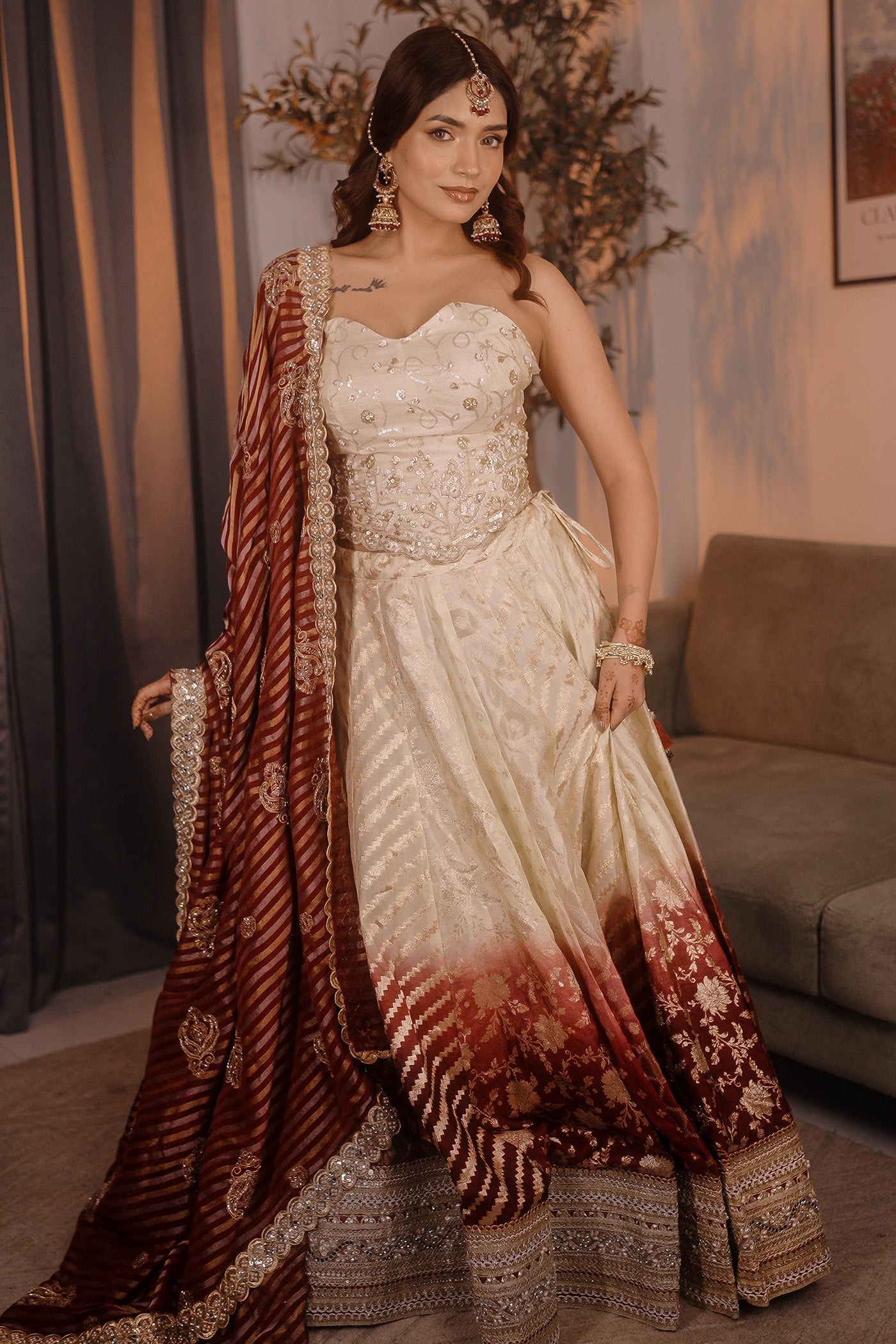 Ivory Maroon Ombre Zari Lehenga Set