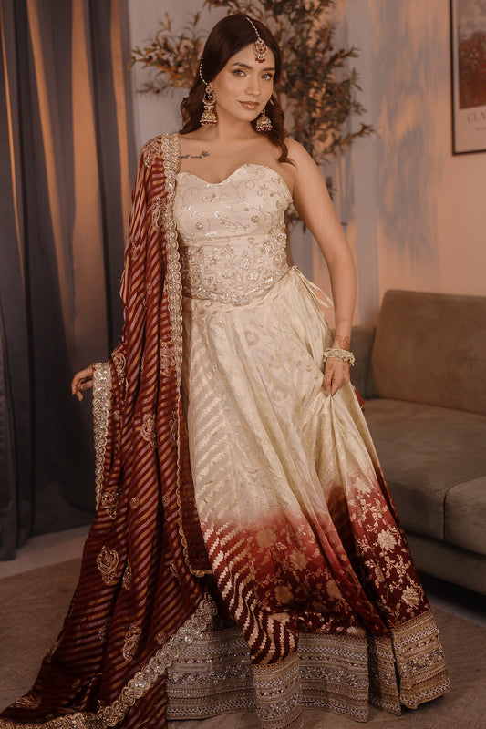 Ivory Maroon Ombre Zari Lehenga Set