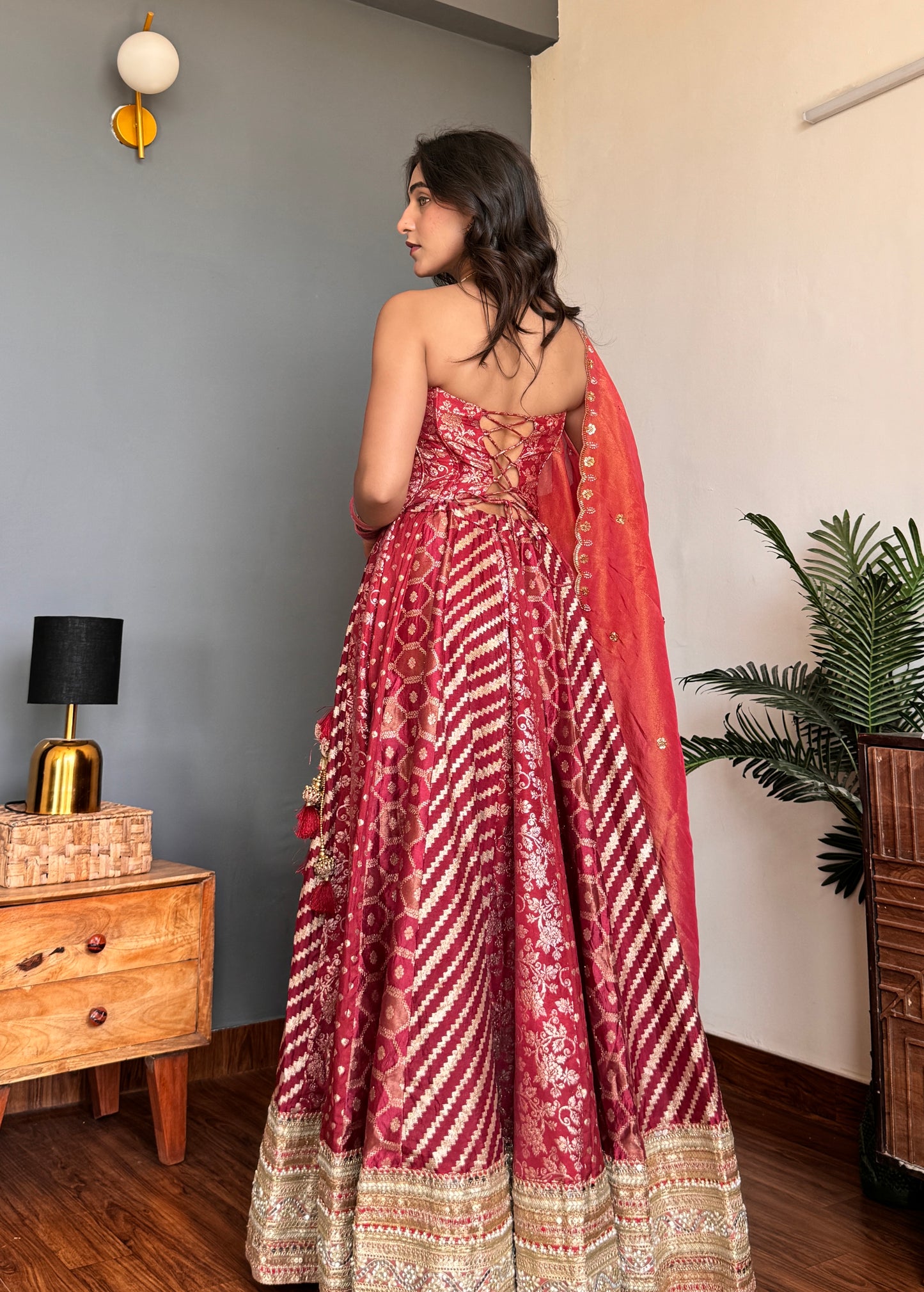 Red Corset Lehenga Dupatta