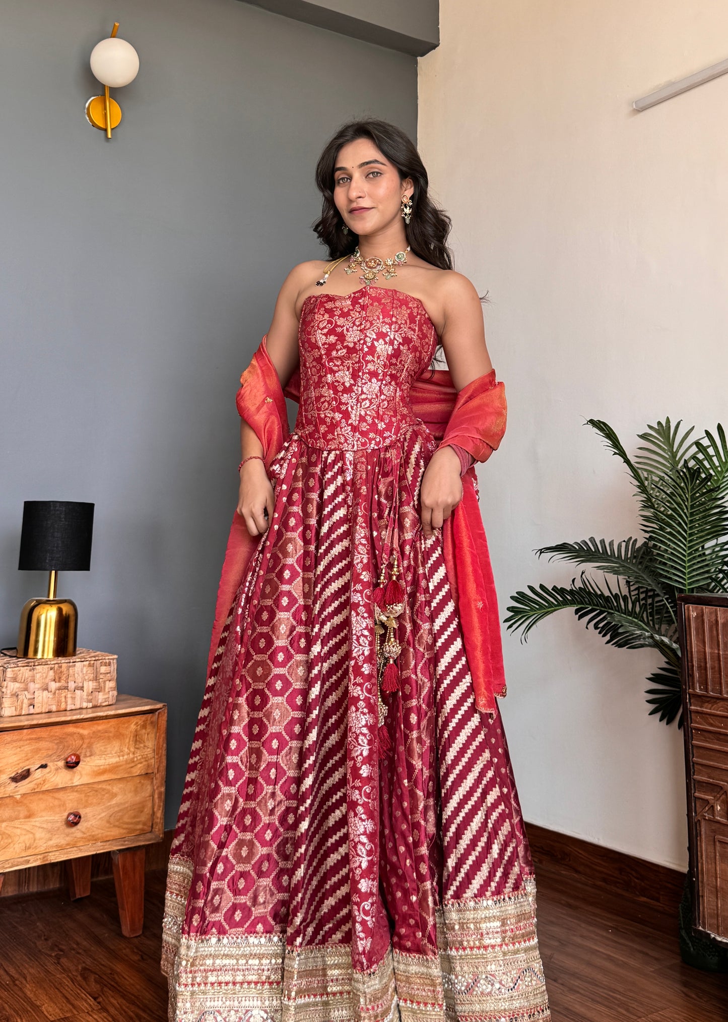 Red Corset Lehenga Dupatta